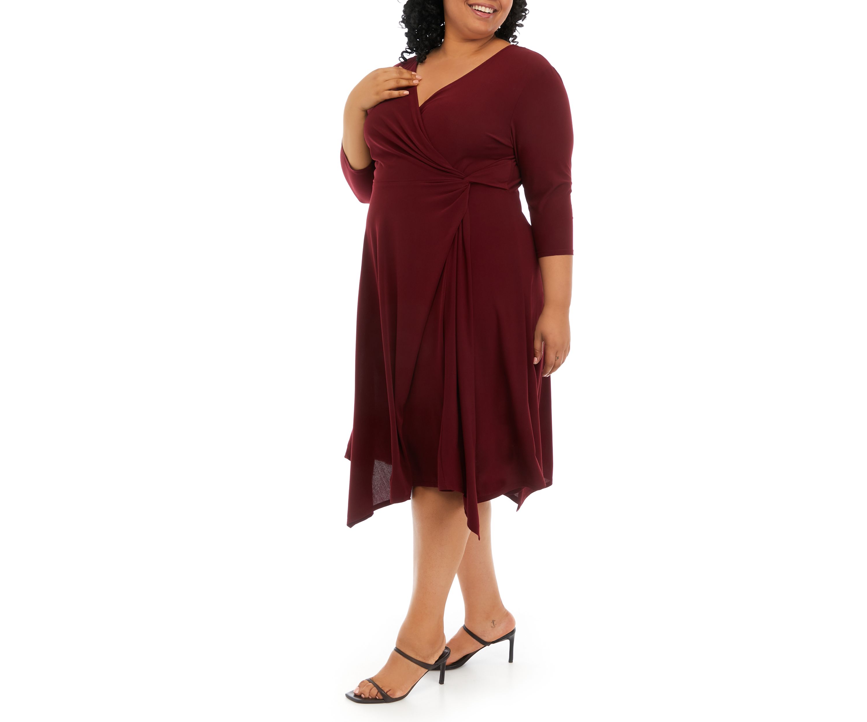 Plus Size 3/4 Sleeve Solid Wrap Waist Fit and Flare Dress