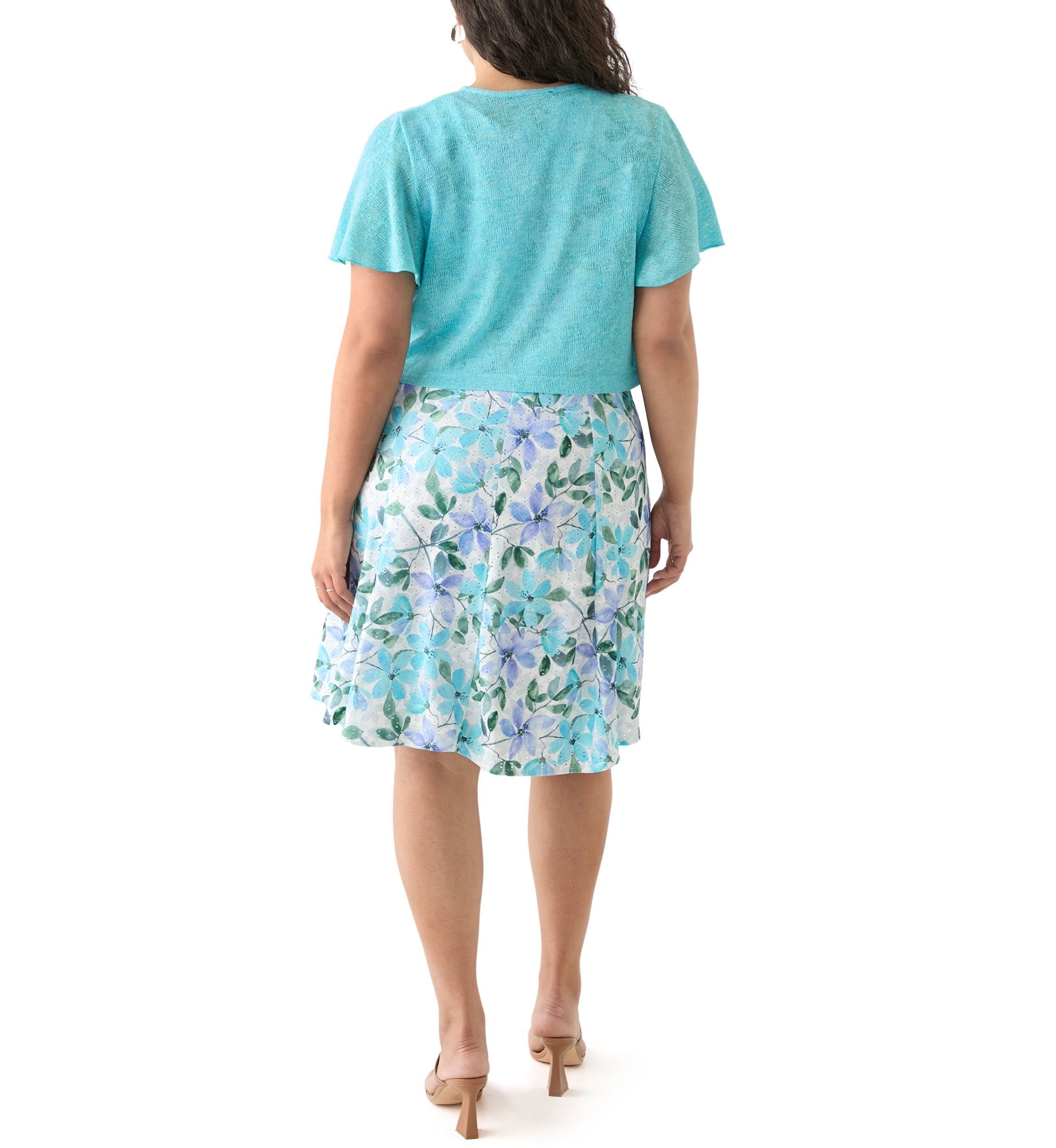 Plus Size Floral Dress and Solid Flutter Sleeve Topper