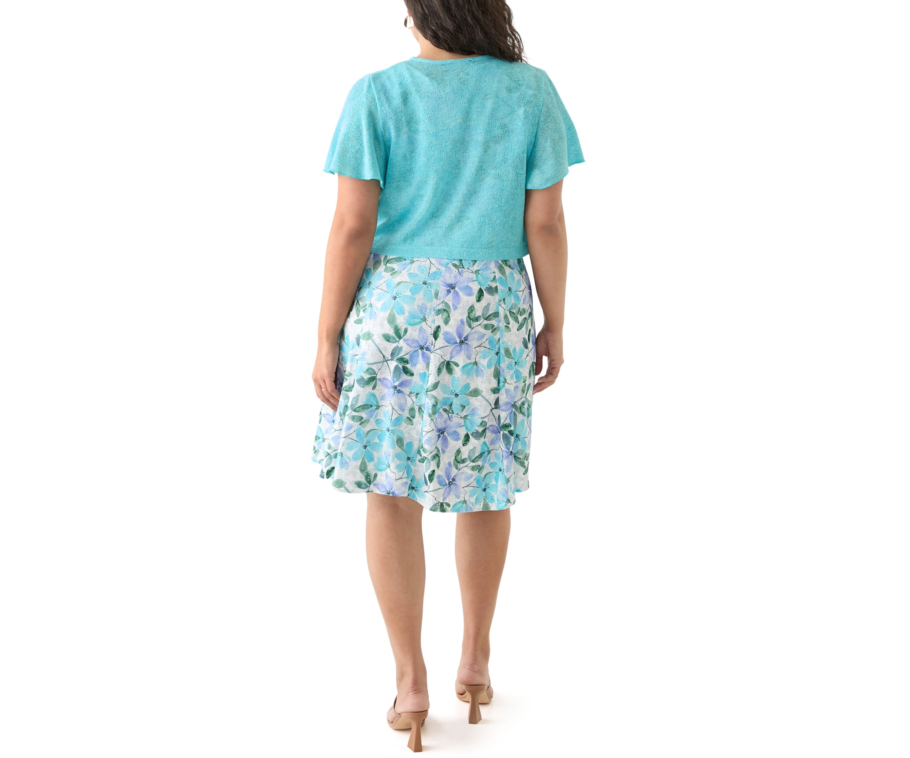 Plus Size Floral Dress and Solid Flutter Sleeve Topper