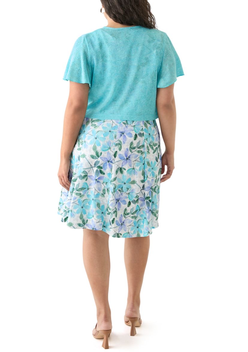 Plus Size Floral Dress and Solid Flutter Sleeve Topper