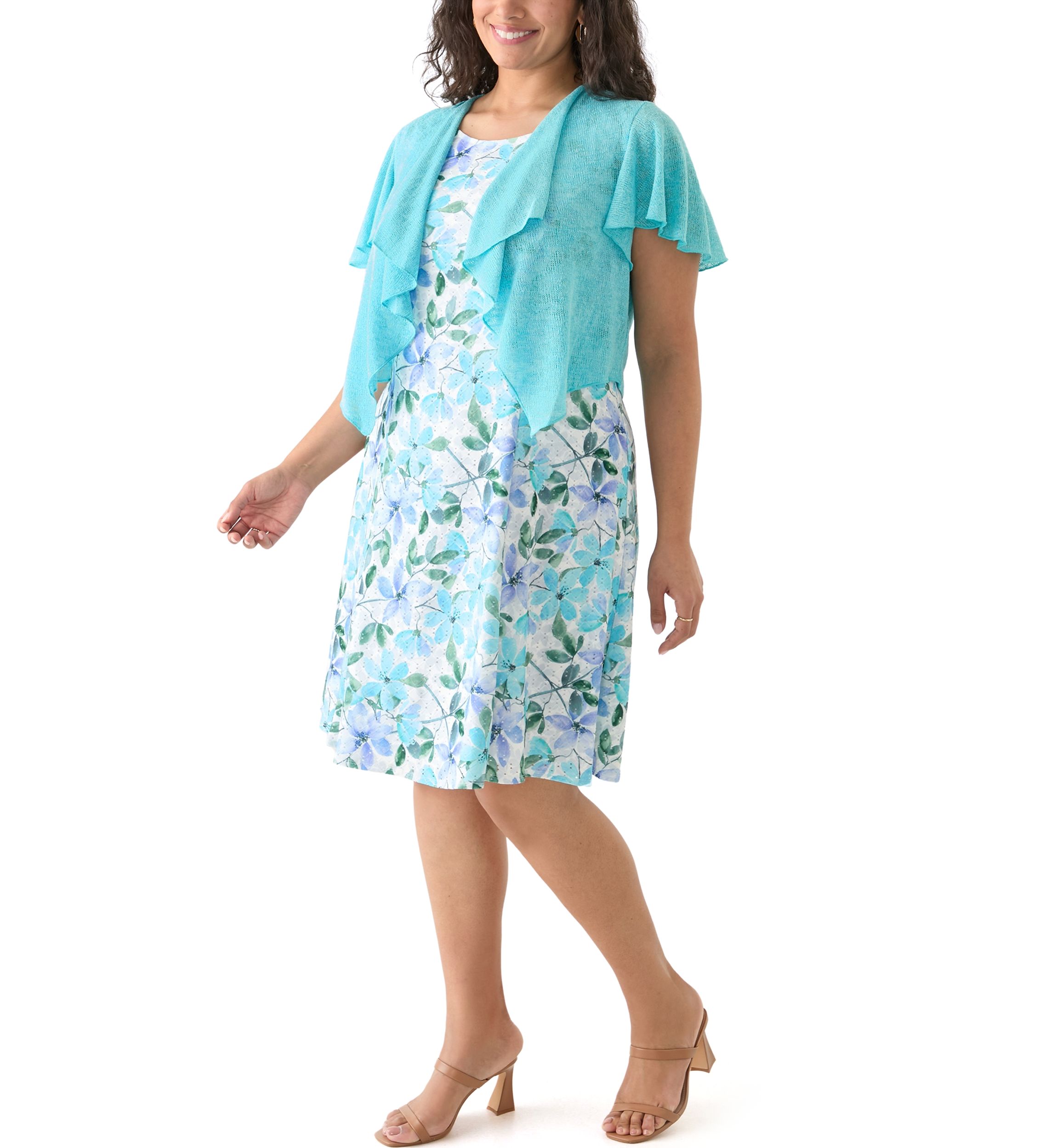 Plus Size Floral Dress and Solid Flutter Sleeve Topper