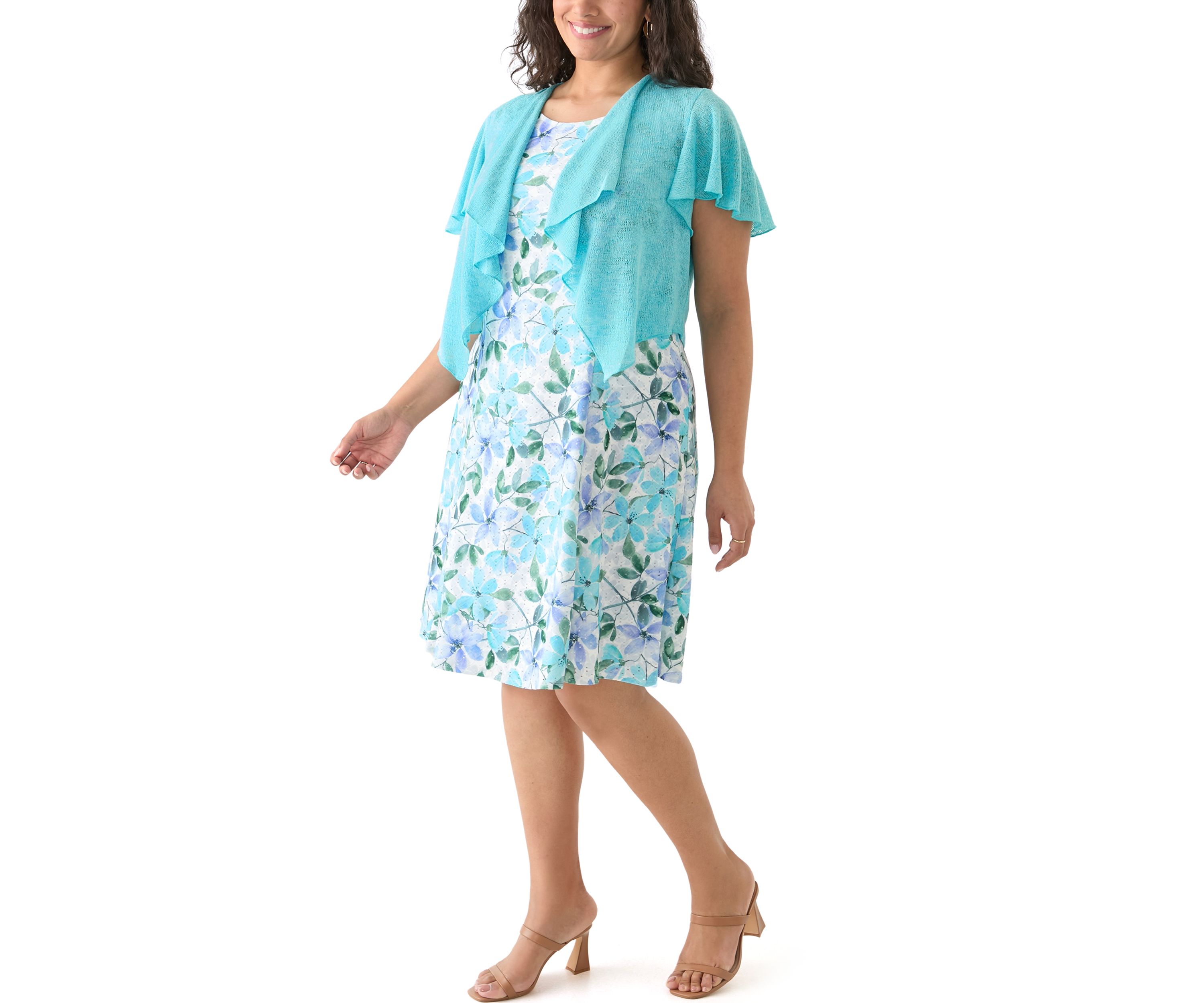 Plus Size Floral Dress and Solid Flutter Sleeve Topper