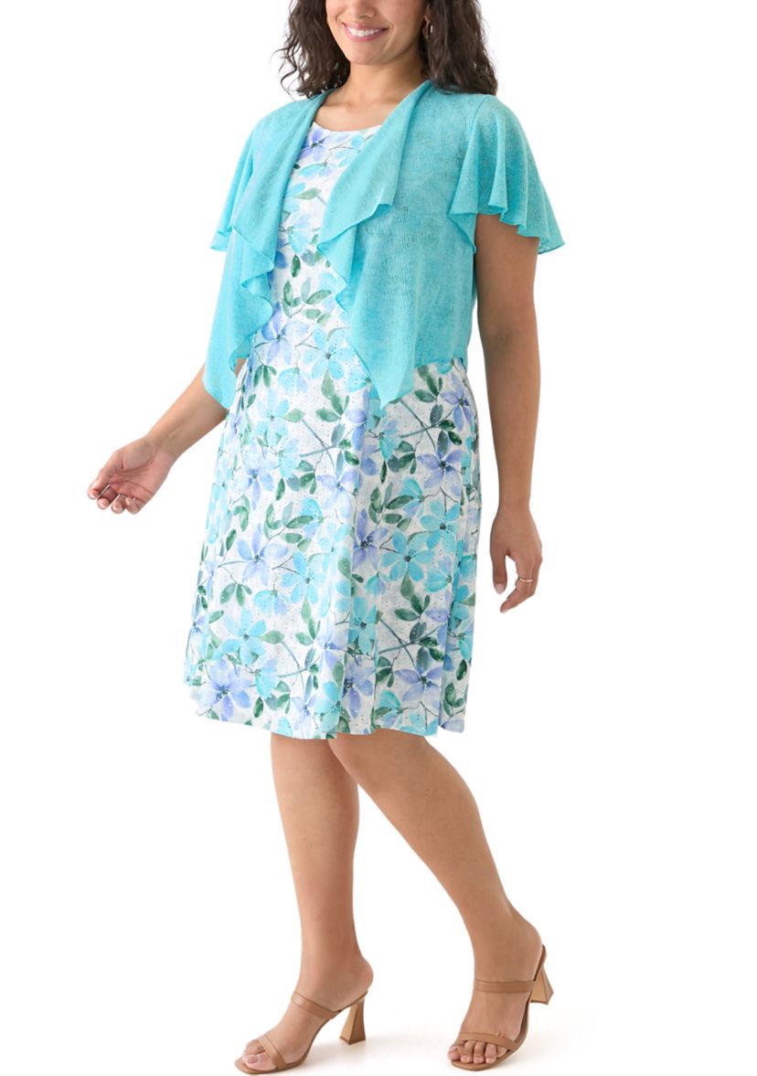 Plus Size Floral Dress and Solid Flutter Sleeve Topper