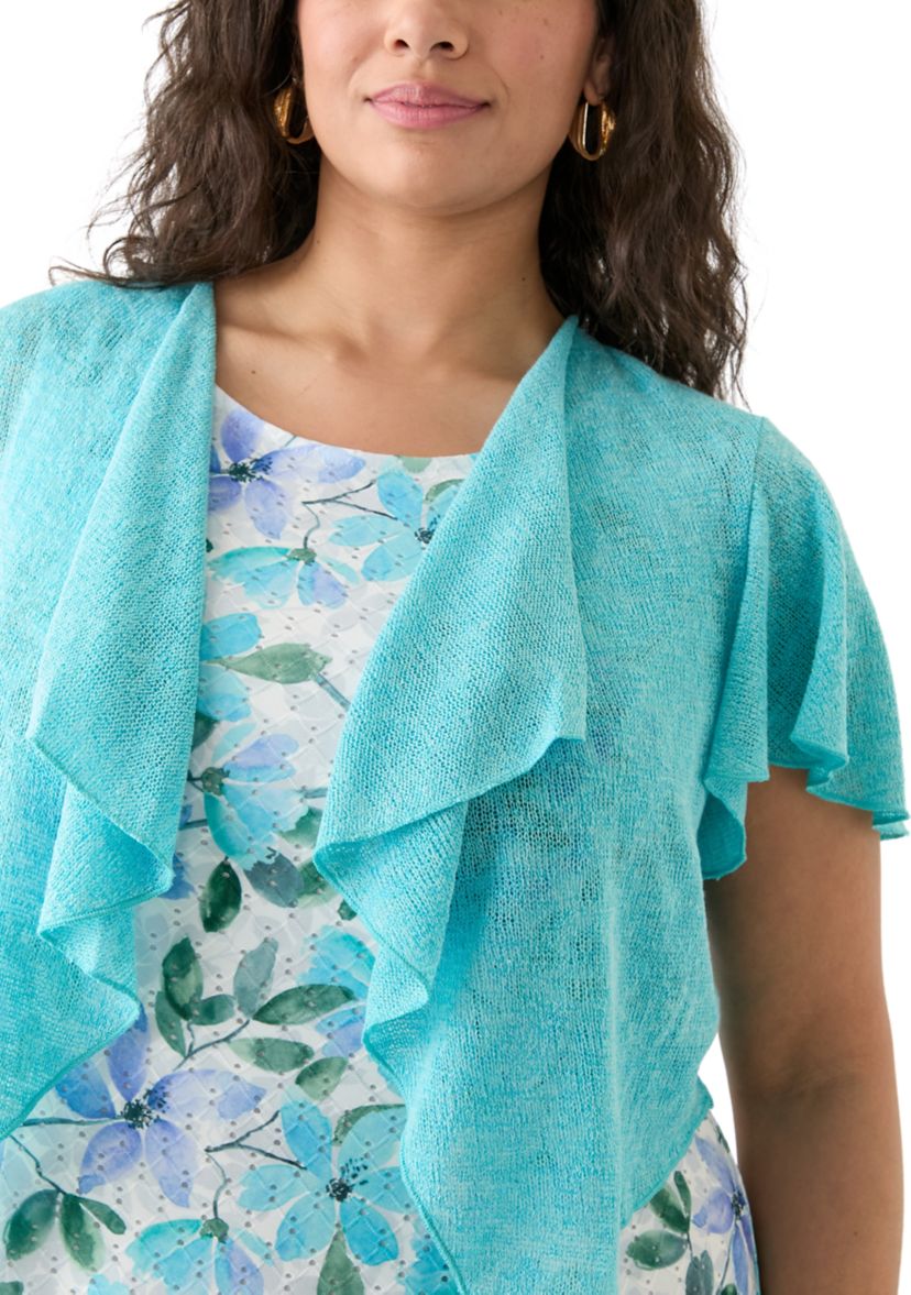 Plus Size Floral Dress and Solid Flutter Sleeve Topper