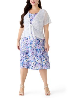 Perceptions Women's Plus Size Tie Front Jacket and Dress, White, 1X