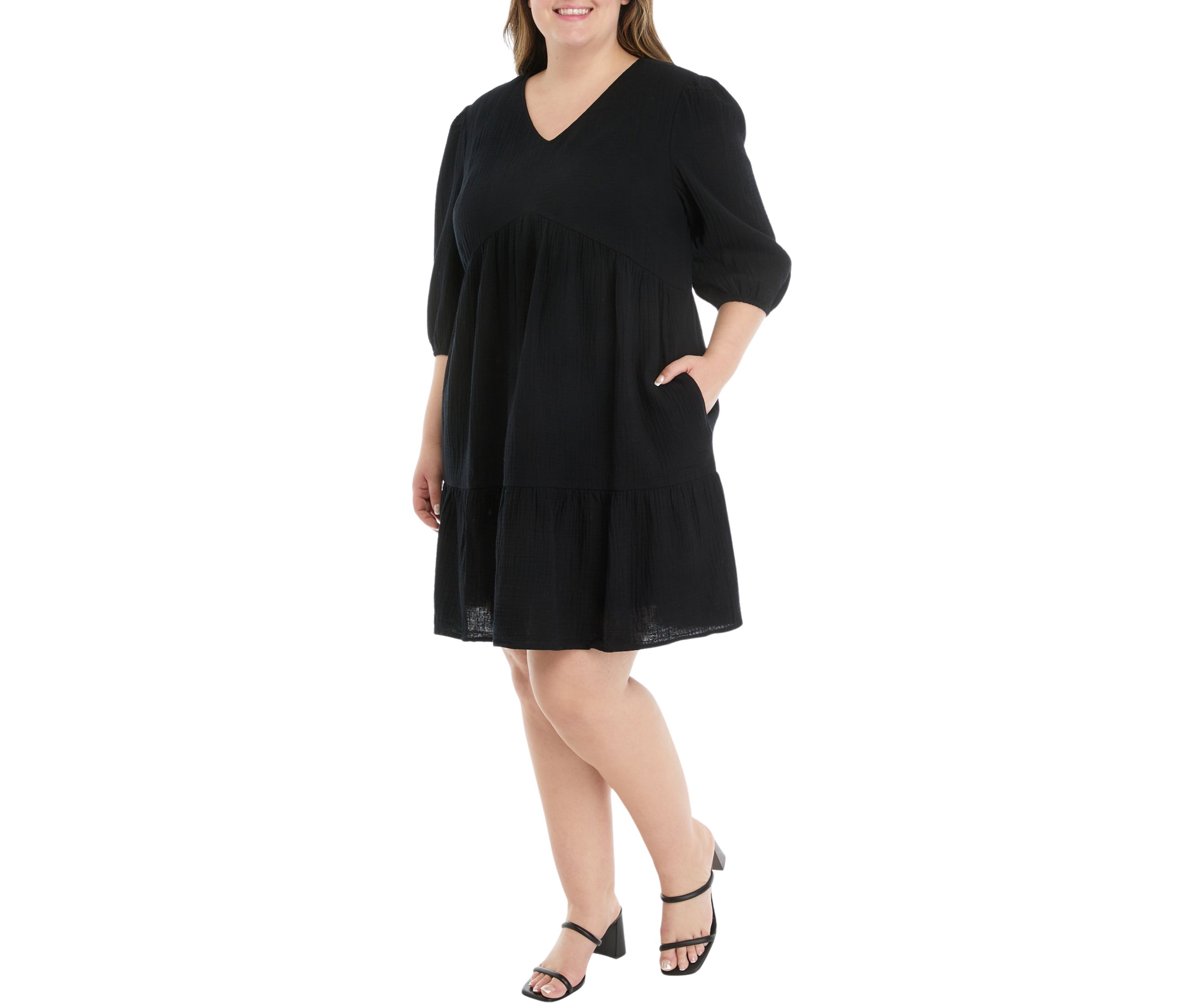 Plus Size 3/4 Sleeve V-Neck Solid Gauze Dress