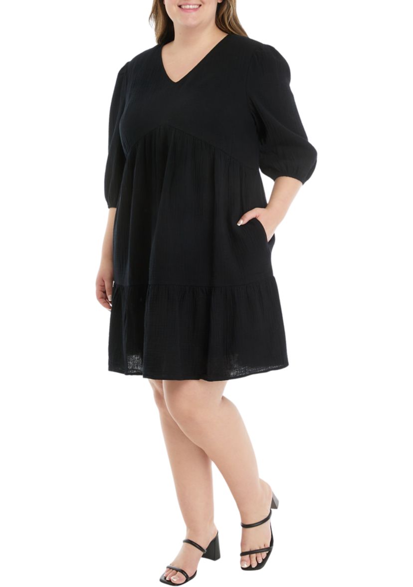 Plus Size 3/4 Sleeve V-Neck Solid Gauze Dress