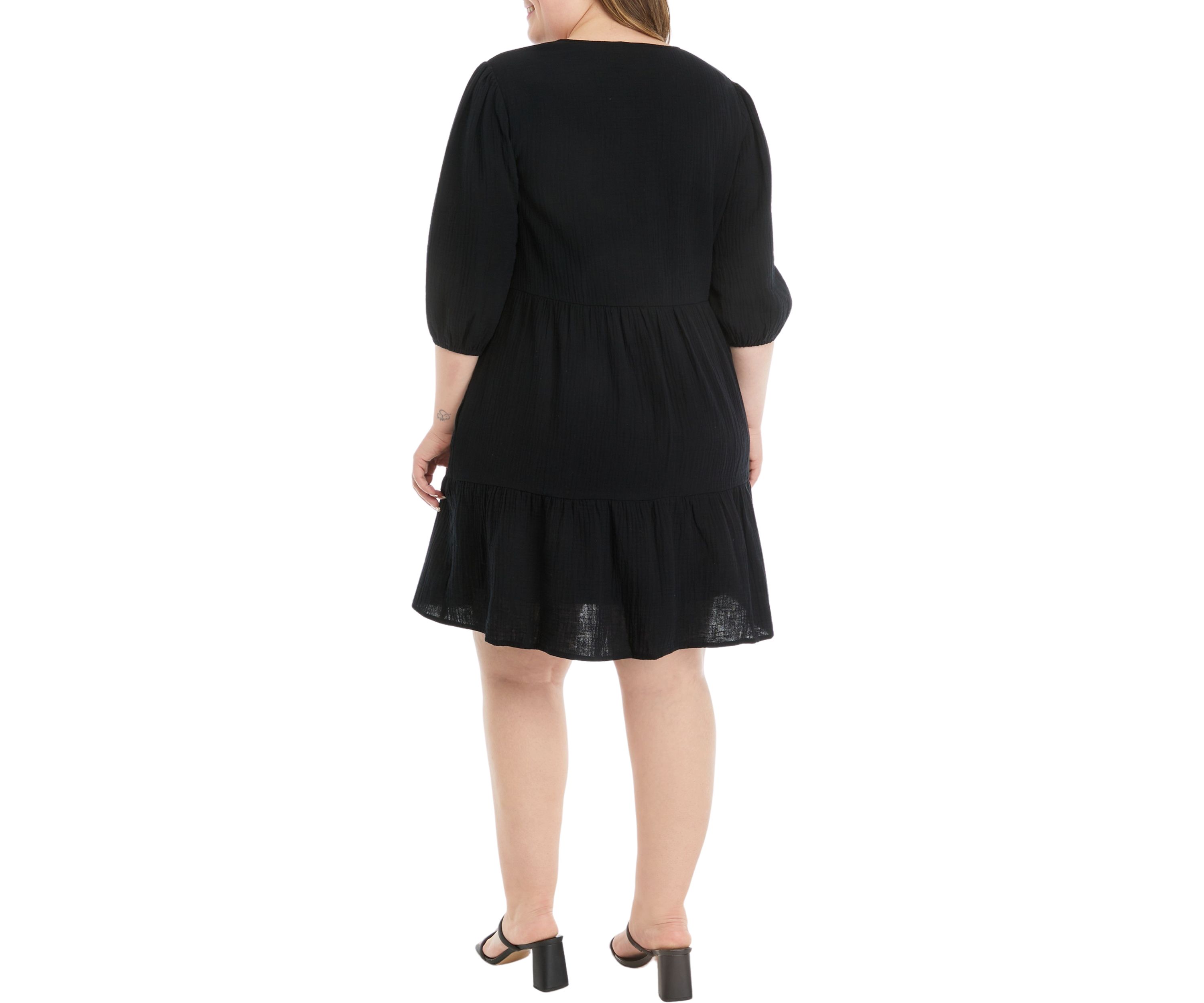 Plus Size 3/4 Sleeve V-Neck Solid Gauze Dress