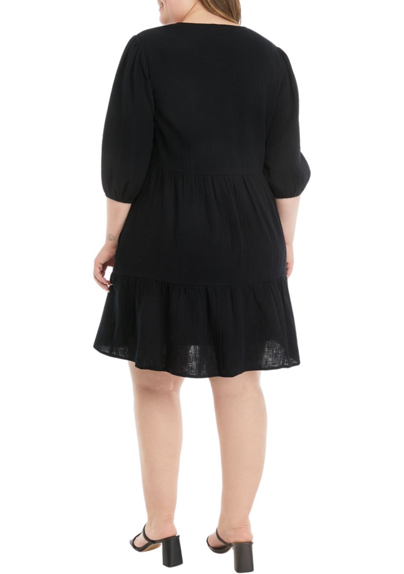 Plus Size 3/4 Sleeve V-Neck Solid Gauze Dress
