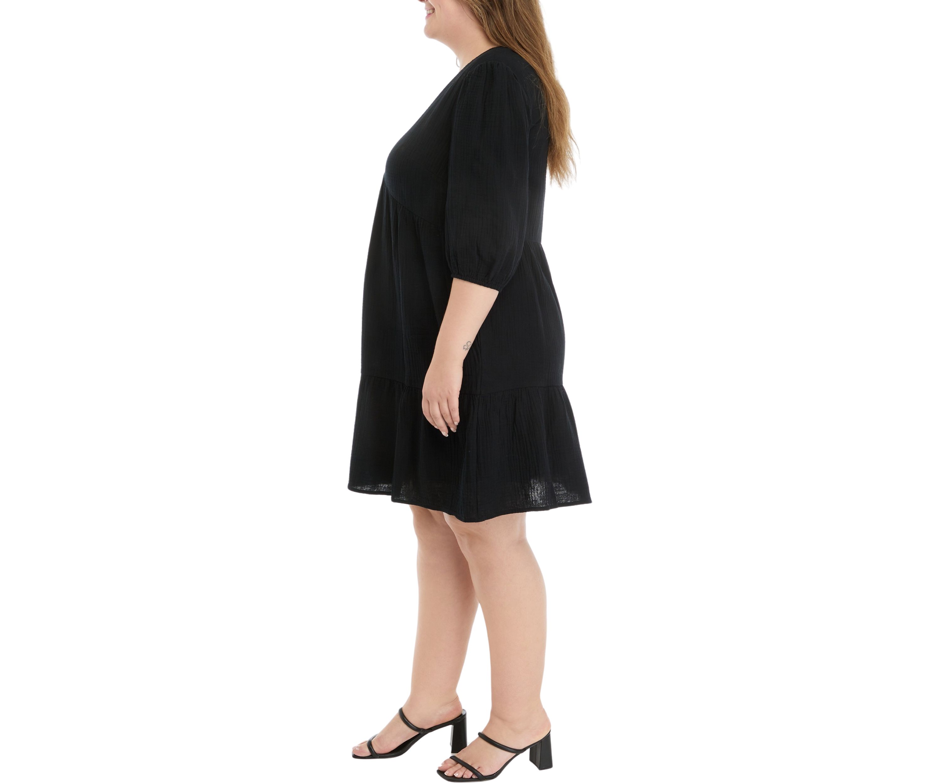 Plus Size 3/4 Sleeve V-Neck Solid Gauze Dress