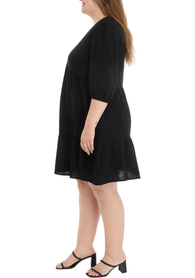 Plus Size 3/4 Sleeve V-Neck Solid Gauze Dress