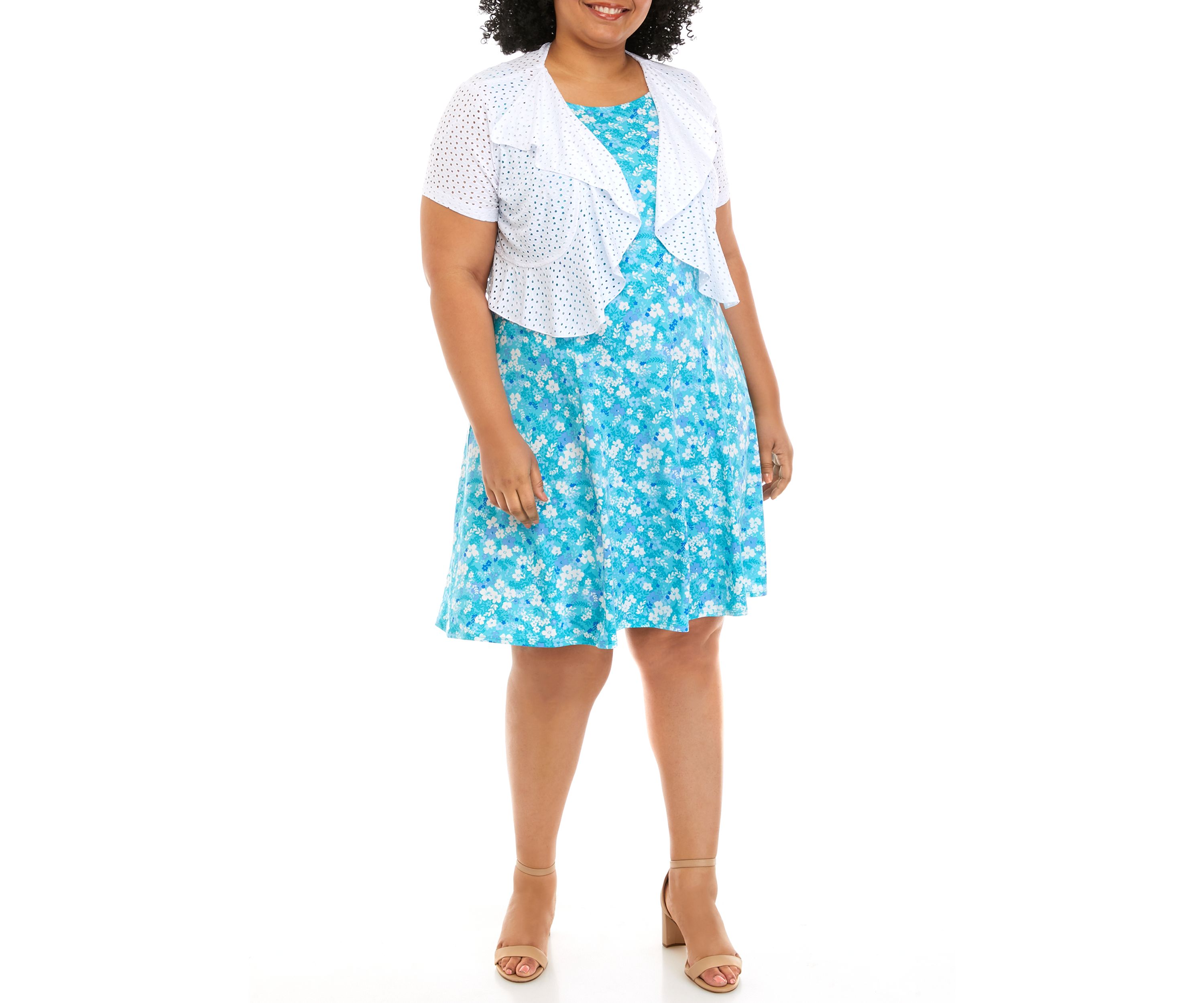 Plus Size Floral Print Dress with Eyelet Jacket