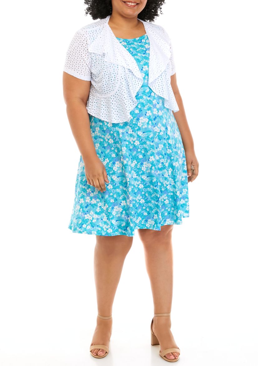 Plus Size Floral Print Dress with Eyelet Jacket