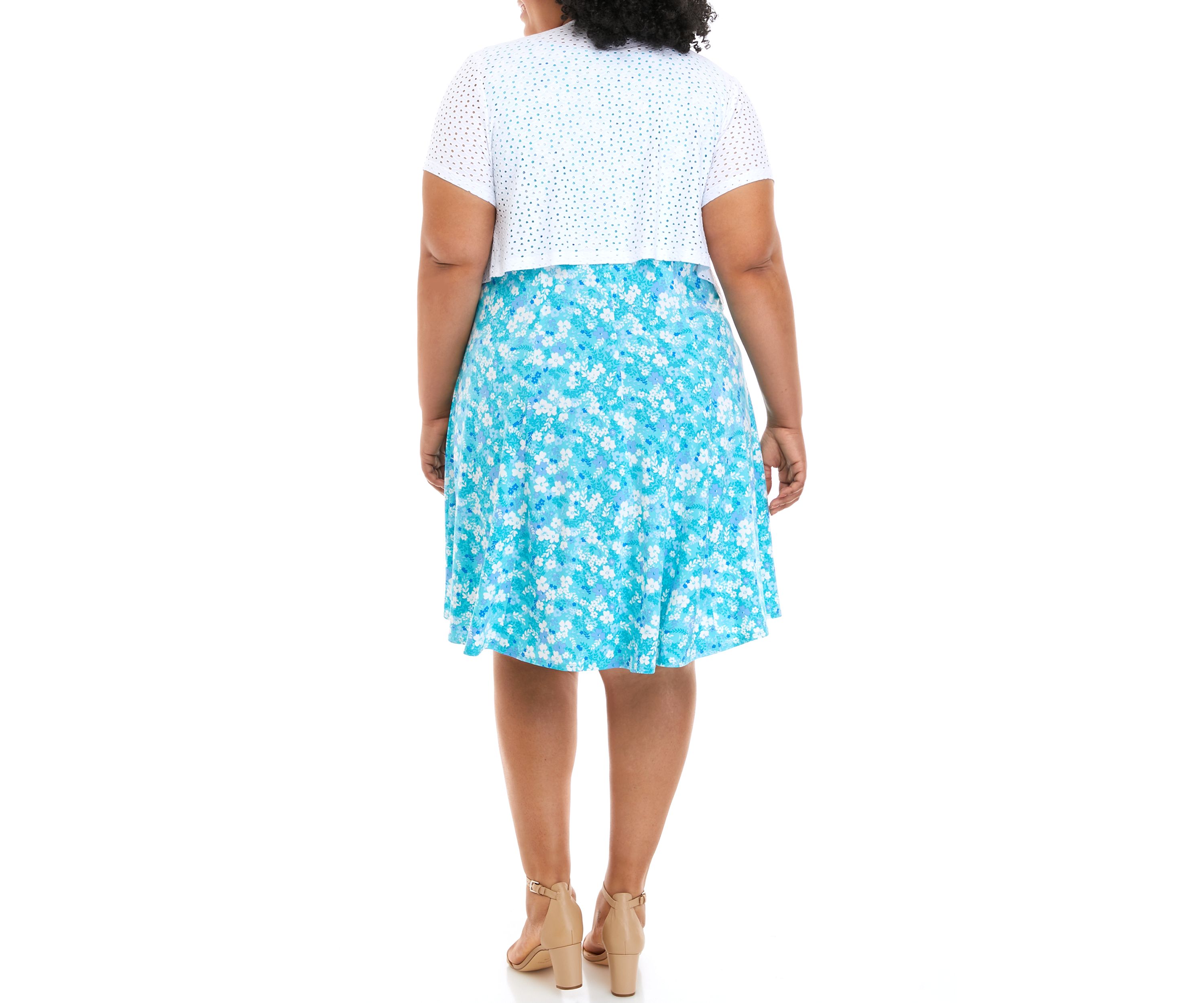 Plus Size Floral Print Dress with Eyelet Jacket