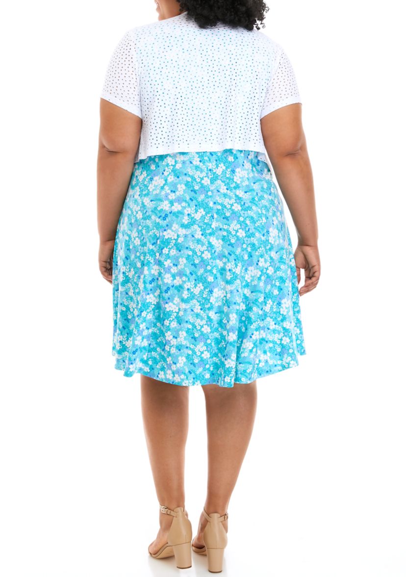 Plus Size Floral Print Dress with Eyelet Jacket