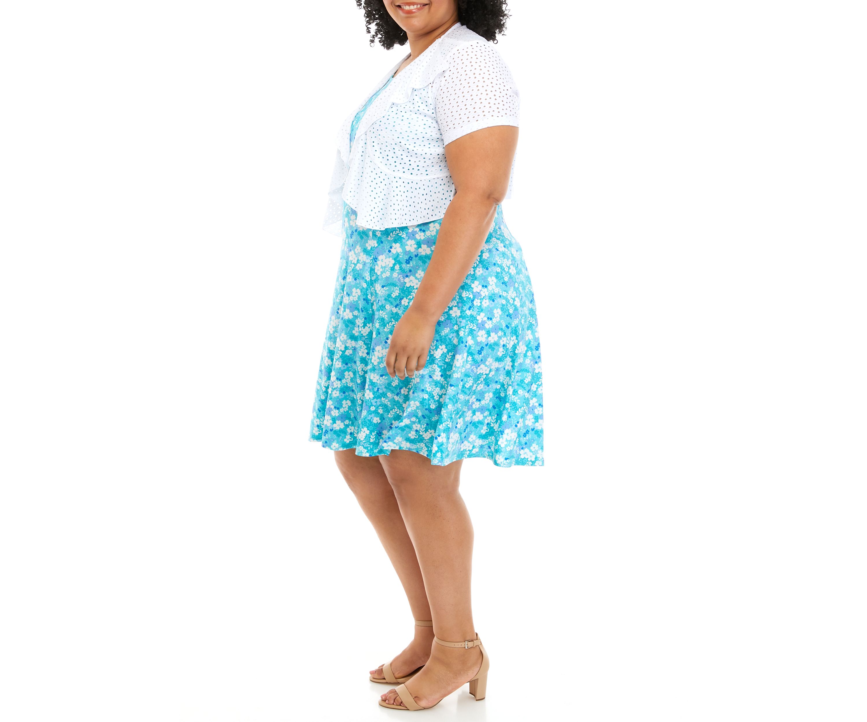 Plus Size Floral Print Dress with Eyelet Jacket