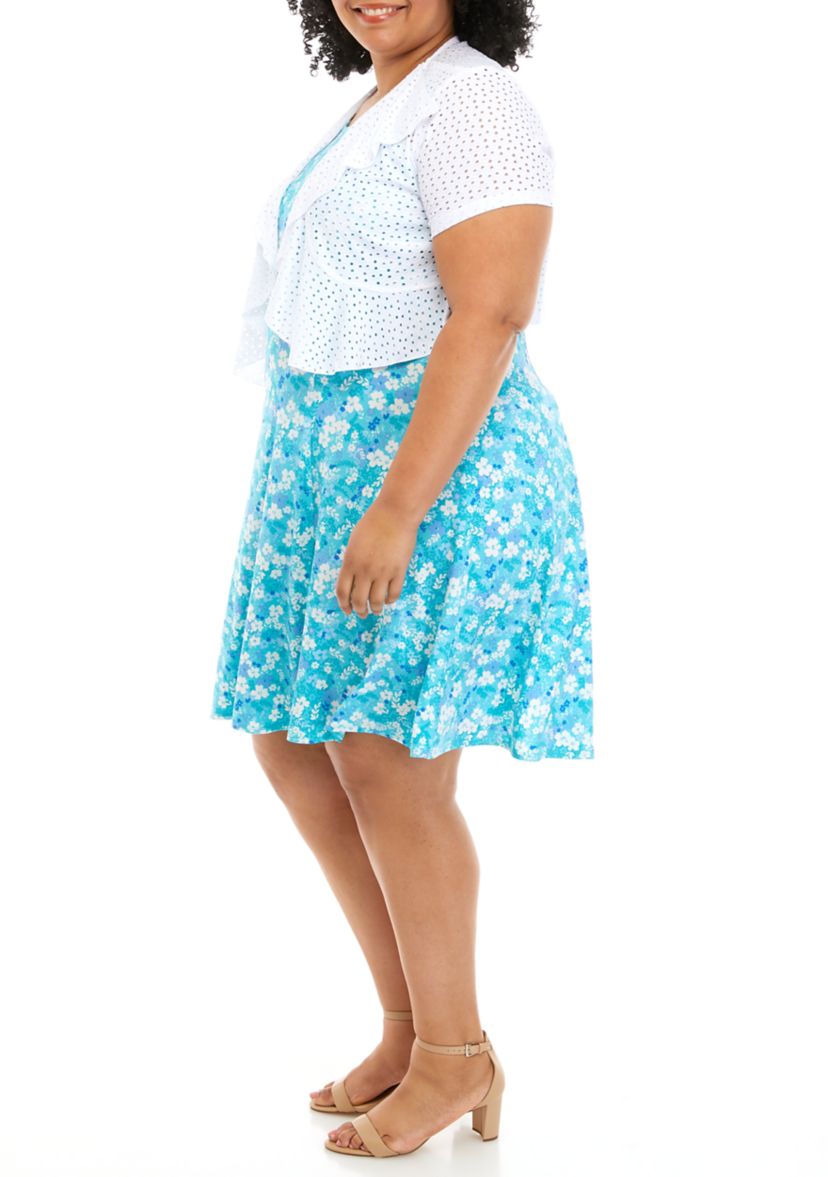 Plus Size Floral Print Dress with Eyelet Jacket