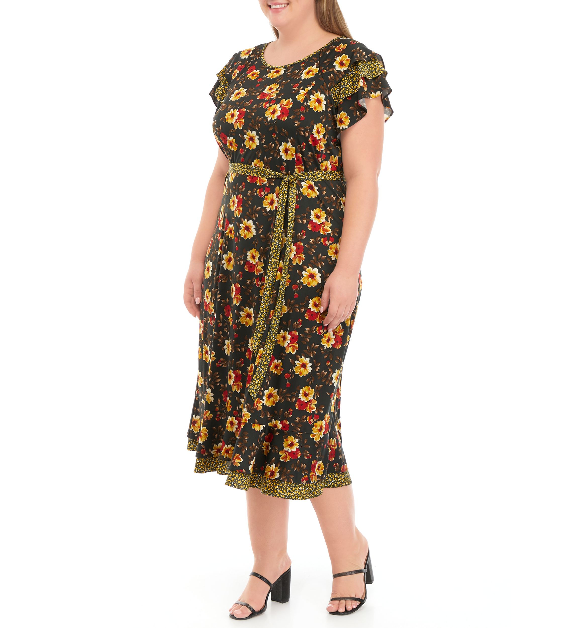 Plus Size Short Flutter Sleeve Tie Waist Ditsy Print Midi Dress