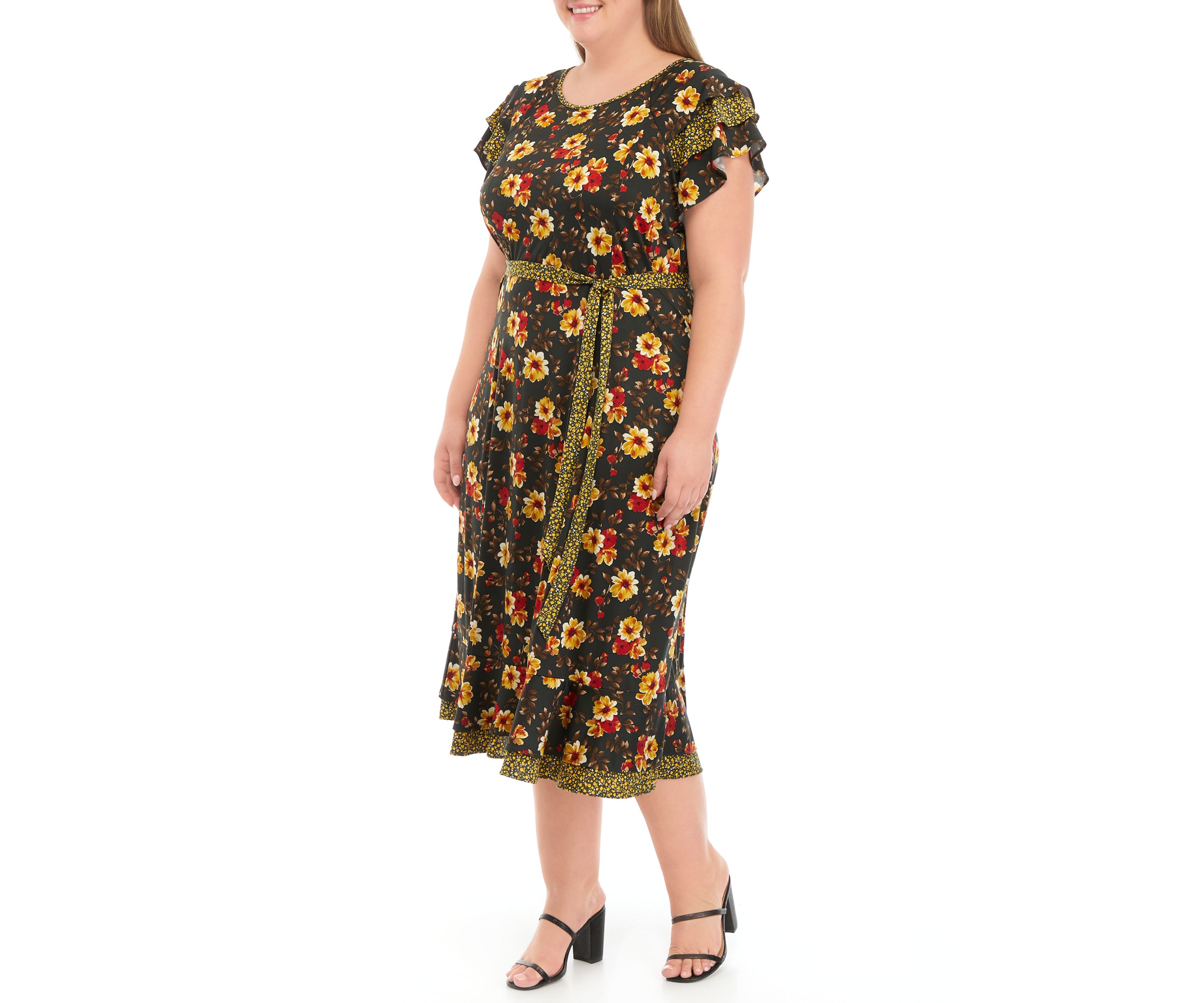 Plus Size Short Flutter Sleeve Tie Waist Ditsy Print Midi Dress