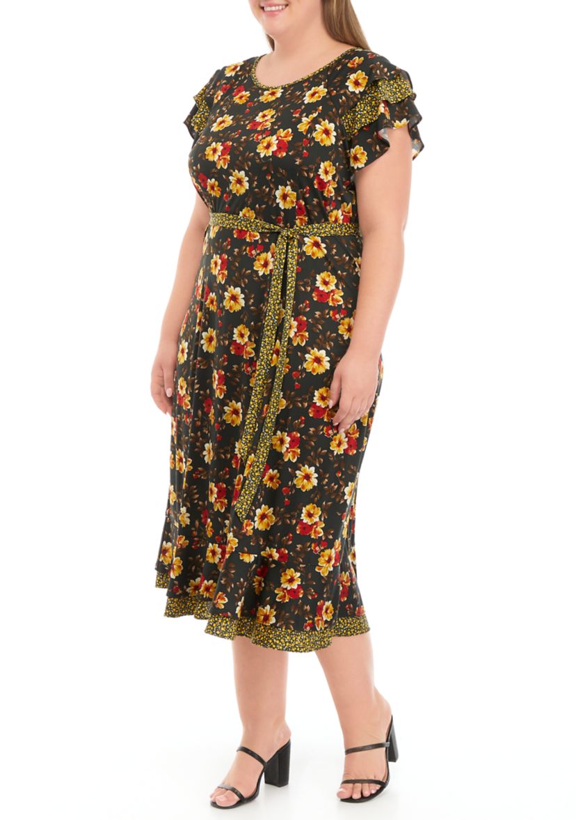 Plus Size Short Flutter Sleeve Tie Waist Ditsy Print Midi Dress