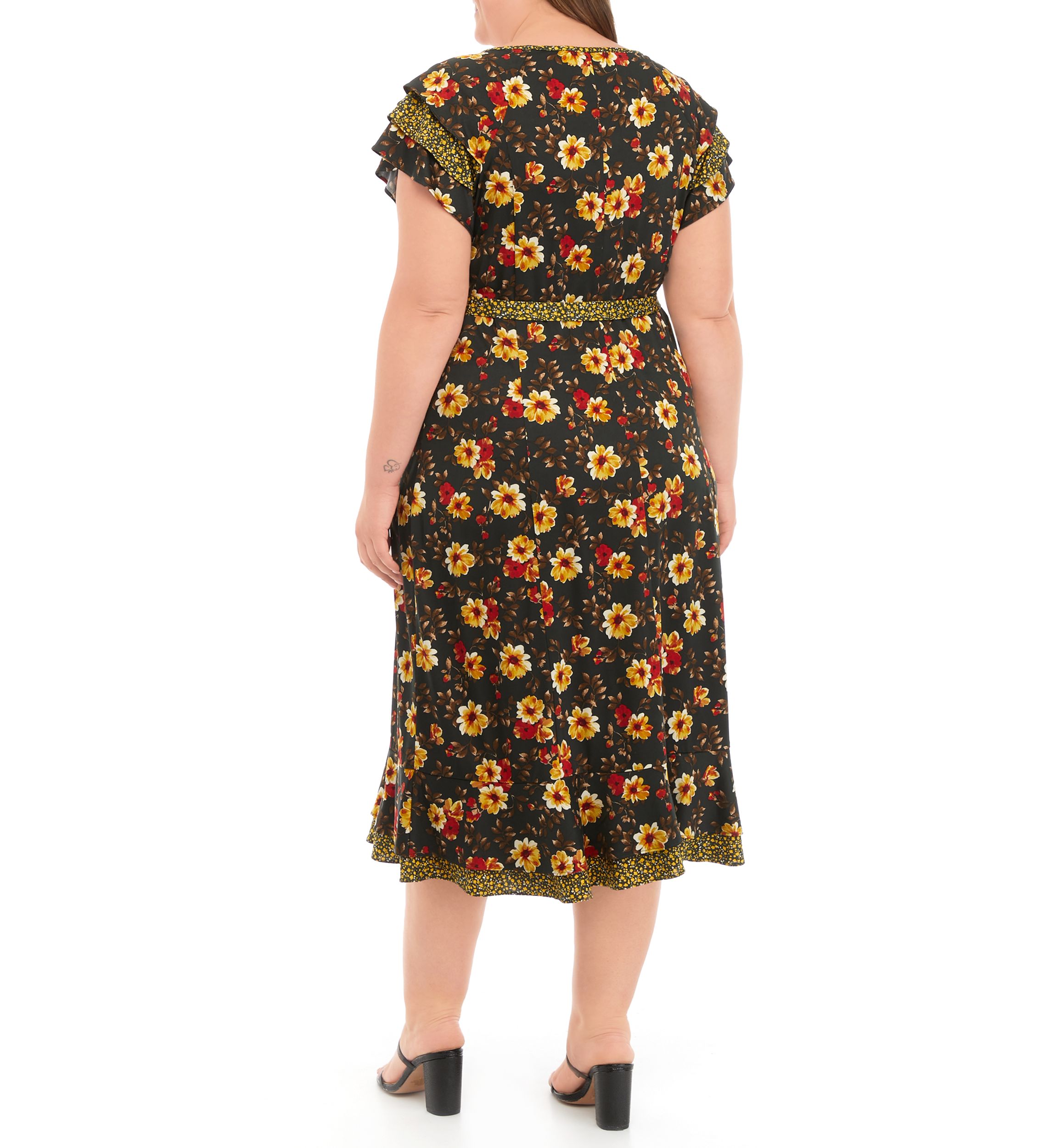 Plus Size Short Flutter Sleeve Tie Waist Ditsy Print Midi Dress