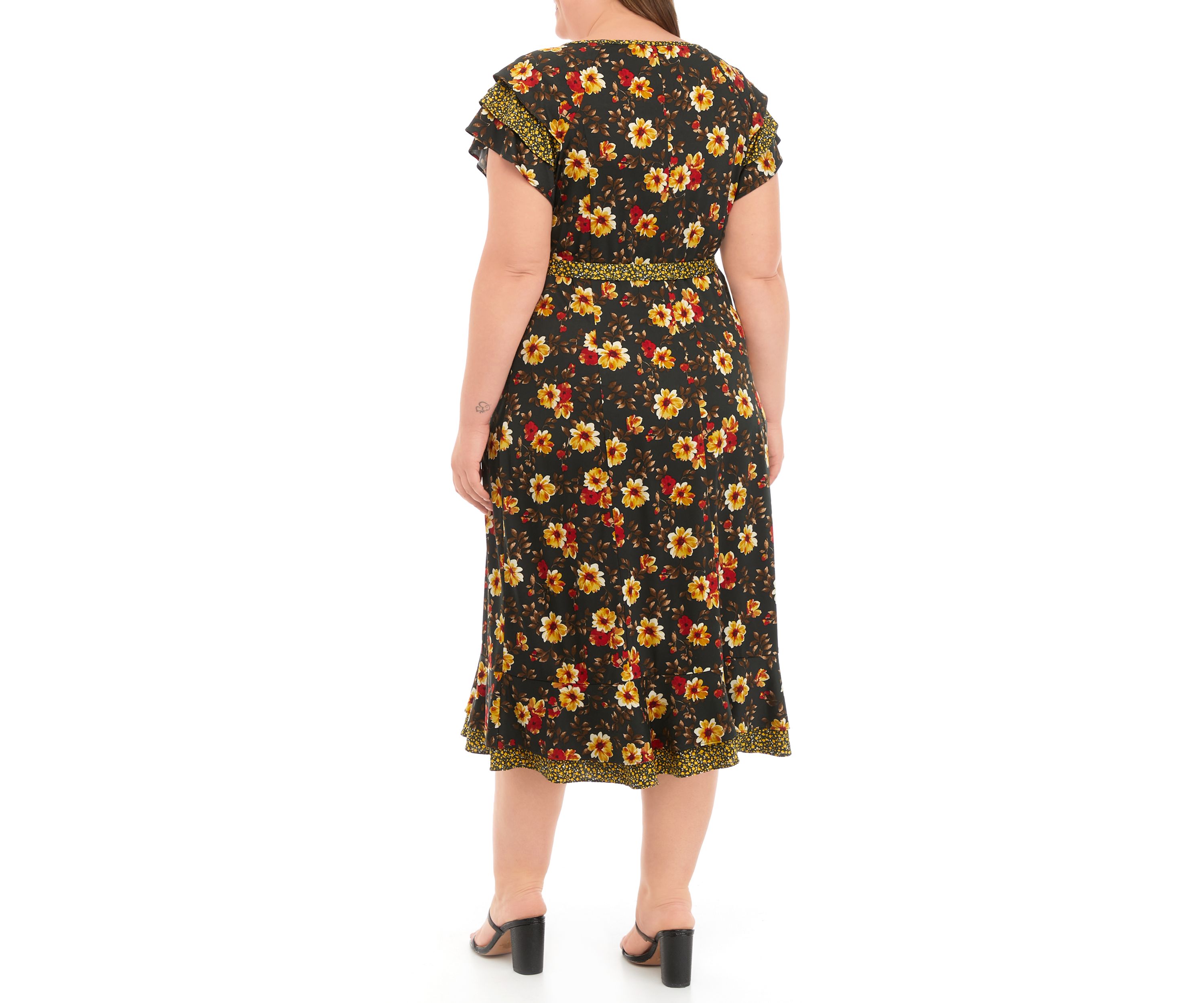 Plus Size Short Flutter Sleeve Tie Waist Ditsy Print Midi Dress