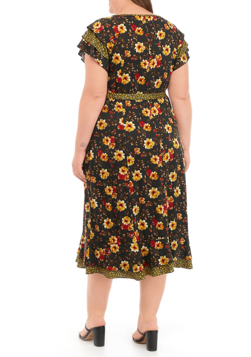Plus Size Short Flutter Sleeve Tie Waist Ditsy Print Midi Dress