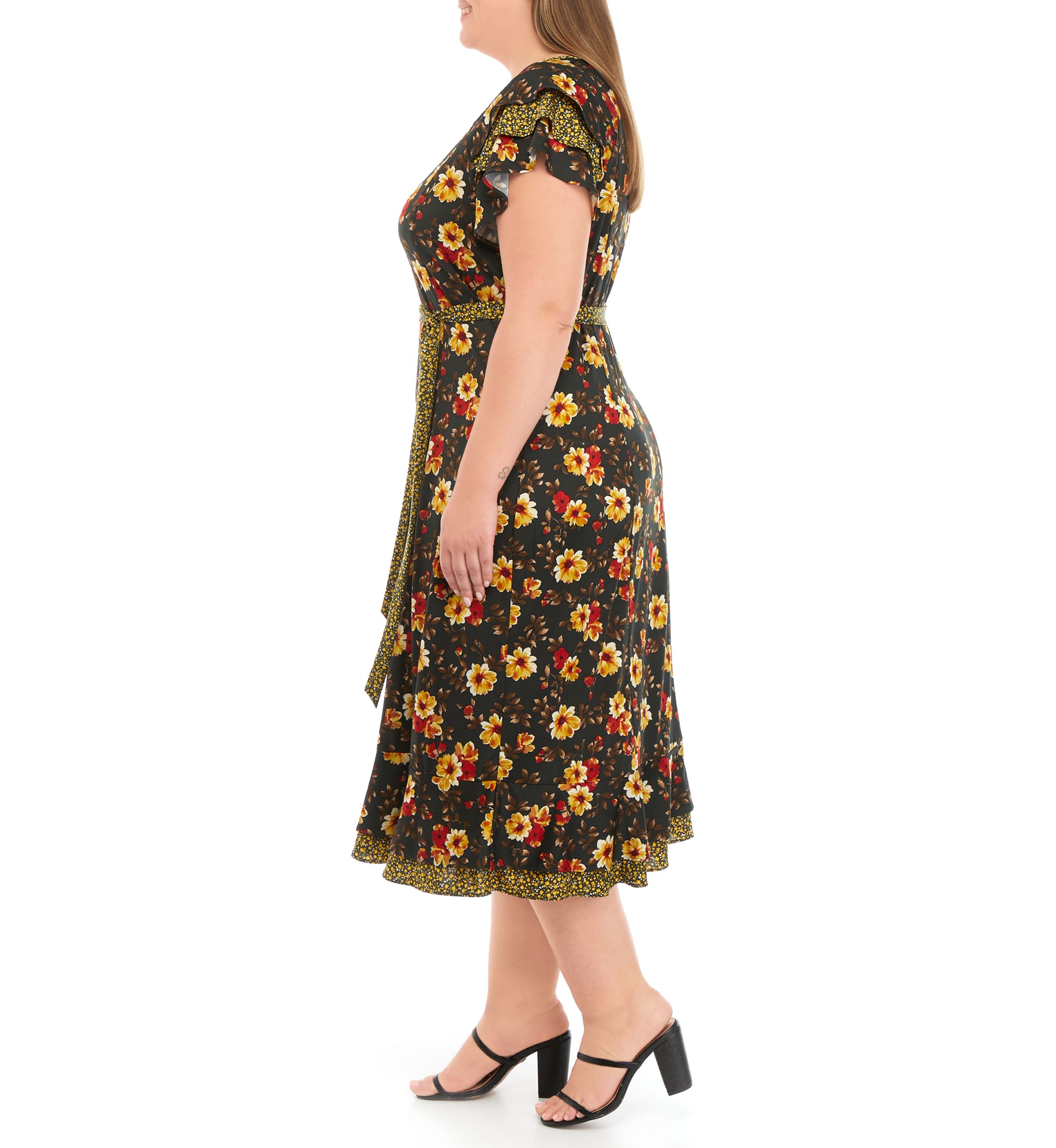 Plus Size Short Flutter Sleeve Tie Waist Ditsy Print Midi Dress