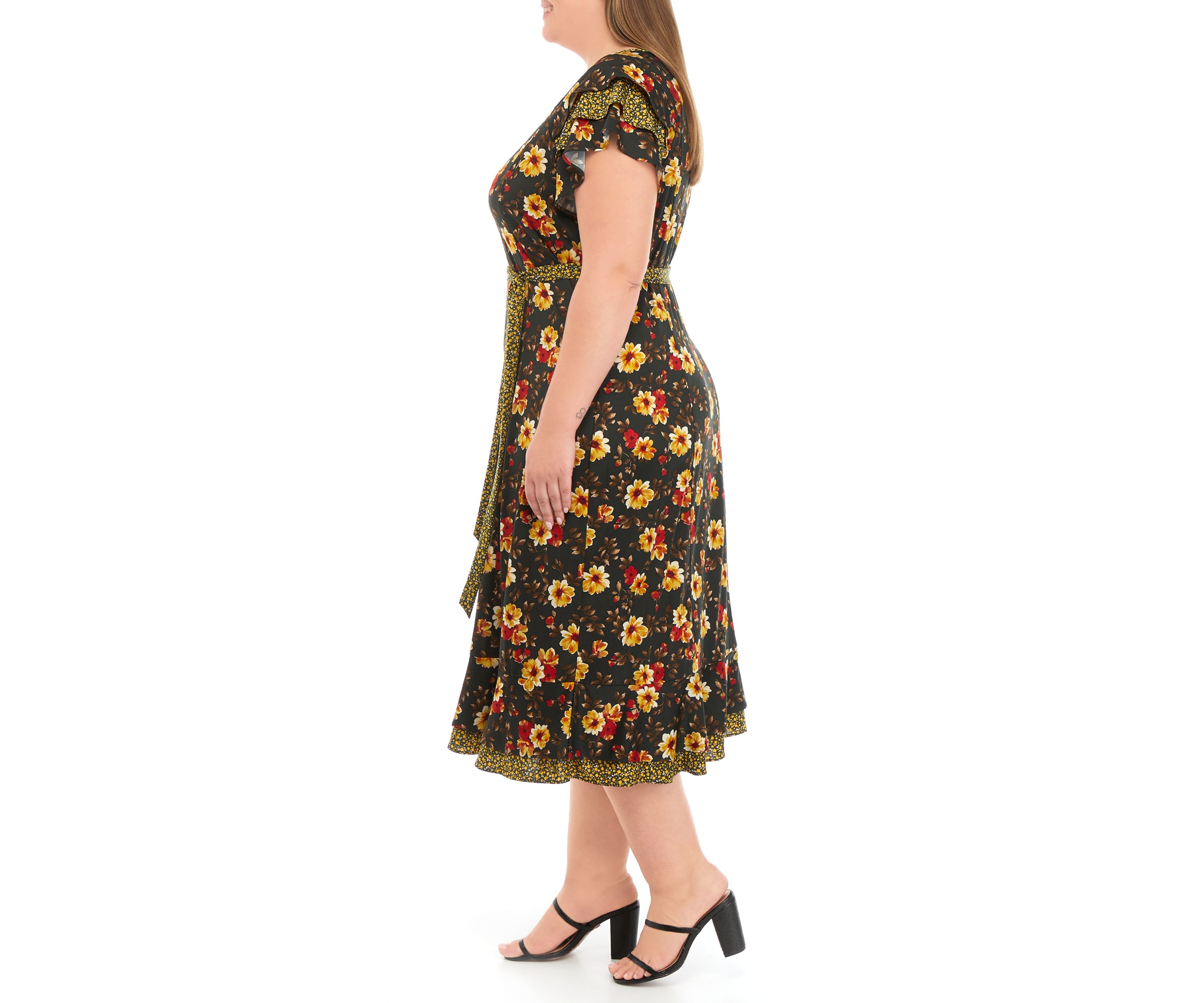 Plus Size Short Flutter Sleeve Tie Waist Ditsy Print Midi Dress