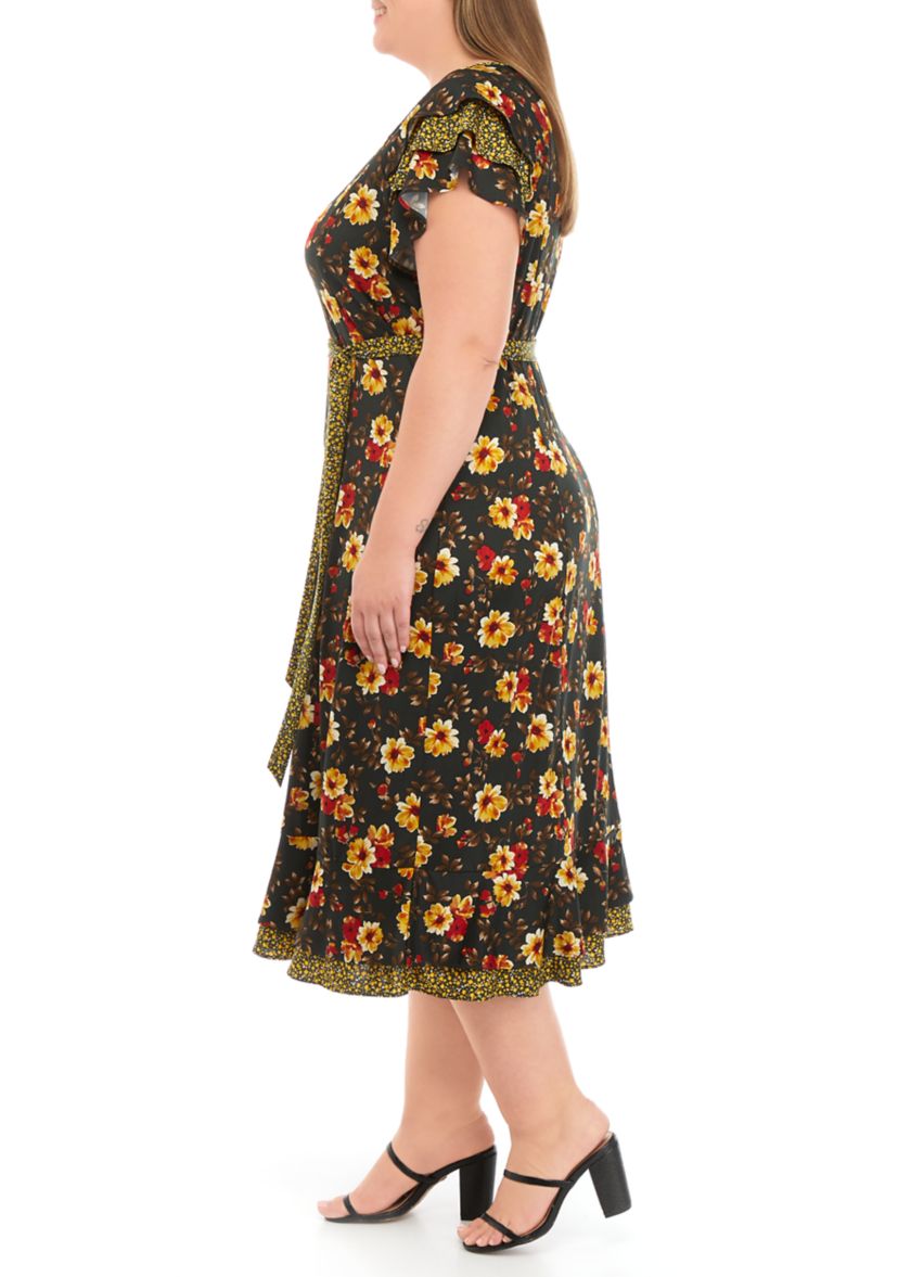 Plus Size Short Flutter Sleeve Tie Waist Ditsy Print Midi Dress