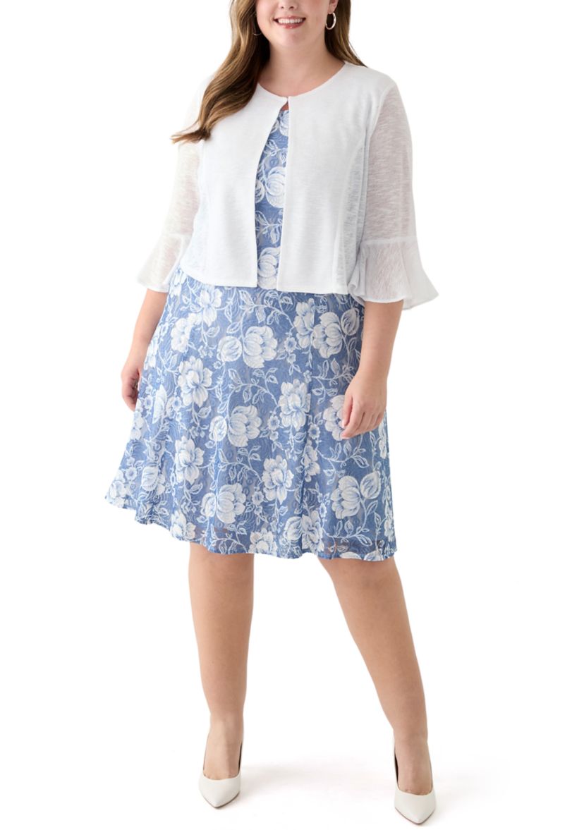   Plus Size Floral Print Dress with 3/4 Bell Sleeve Jacket 