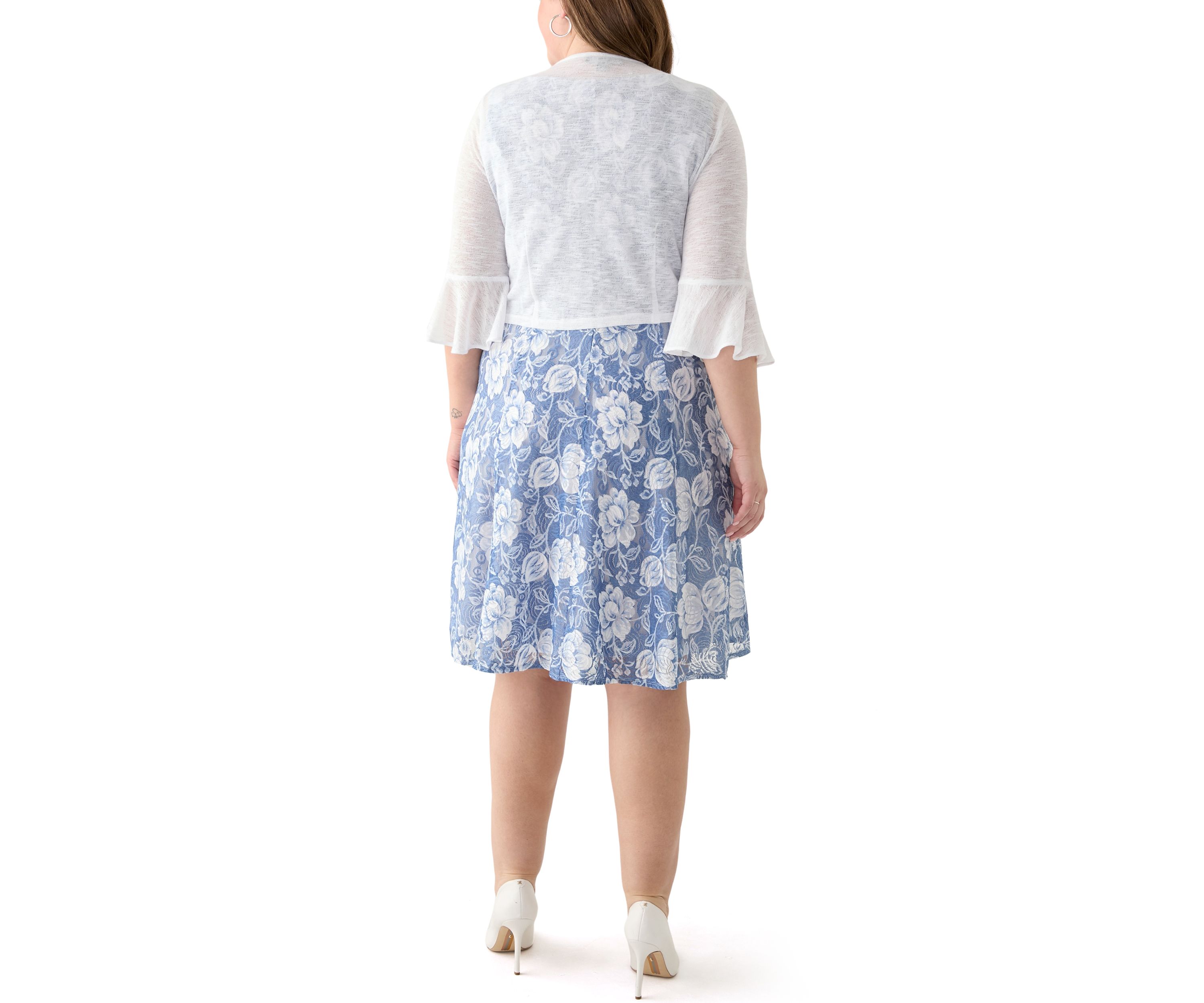   Plus Size Floral Print Dress with 3/4 Bell Sleeve Jacket 