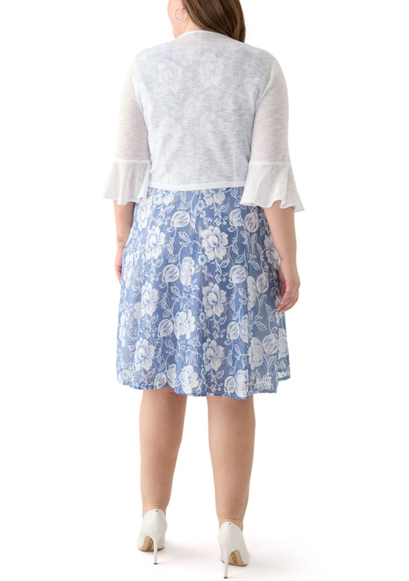   Plus Size Floral Print Dress with 3/4 Bell Sleeve Jacket 