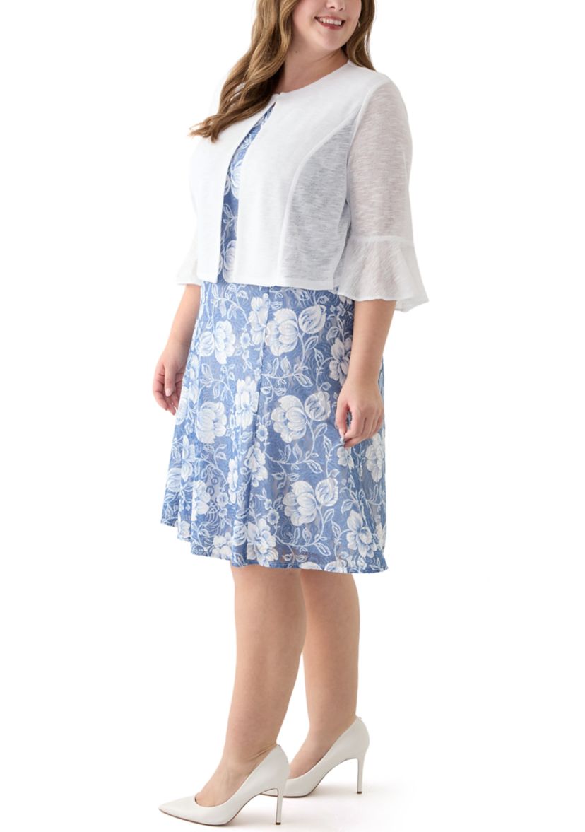   Plus Size Floral Print Dress with 3/4 Bell Sleeve Jacket 