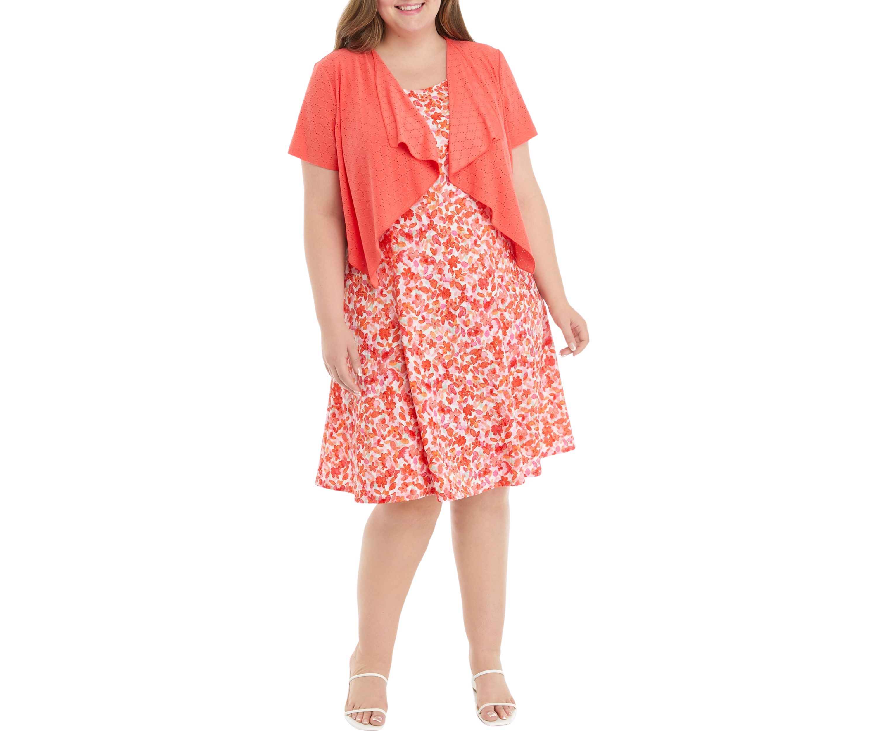 Plus Size Short Sleeve Scoop Neck Floral Print A-Line Jacket Dress
