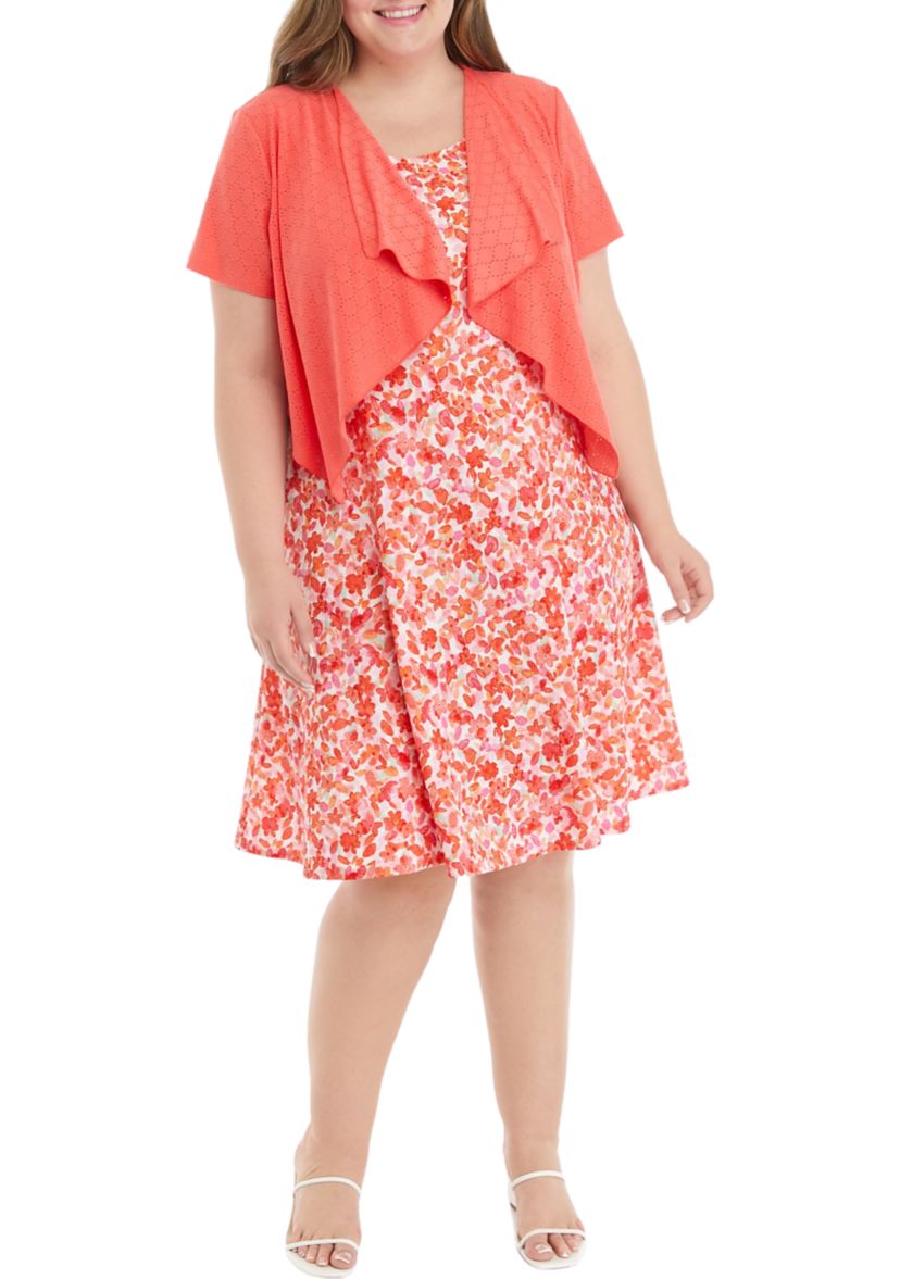 Plus Size Short Sleeve Scoop Neck Floral Print A-Line Jacket Dress