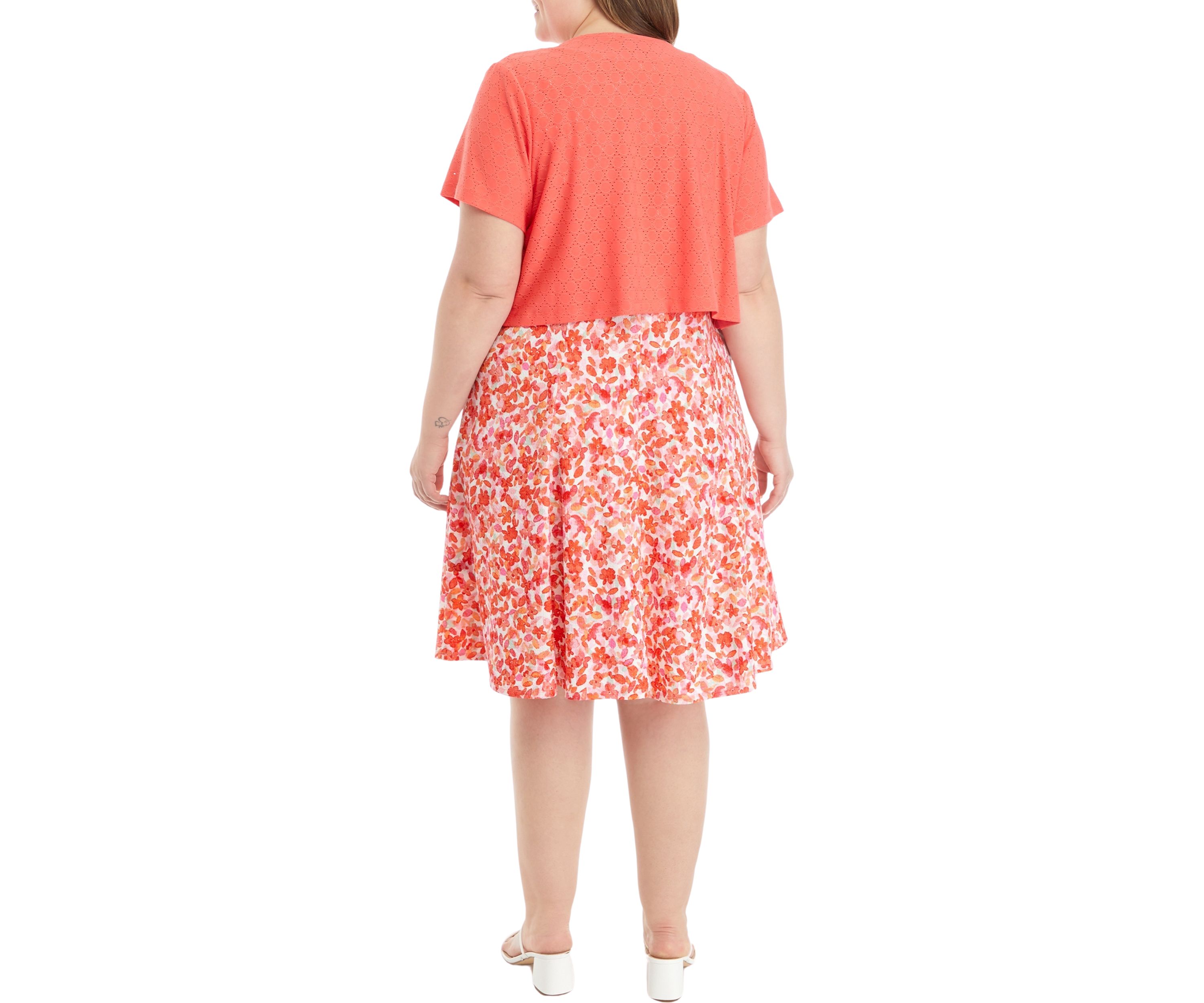 Plus Size Short Sleeve Scoop Neck Floral Print A-Line Jacket Dress