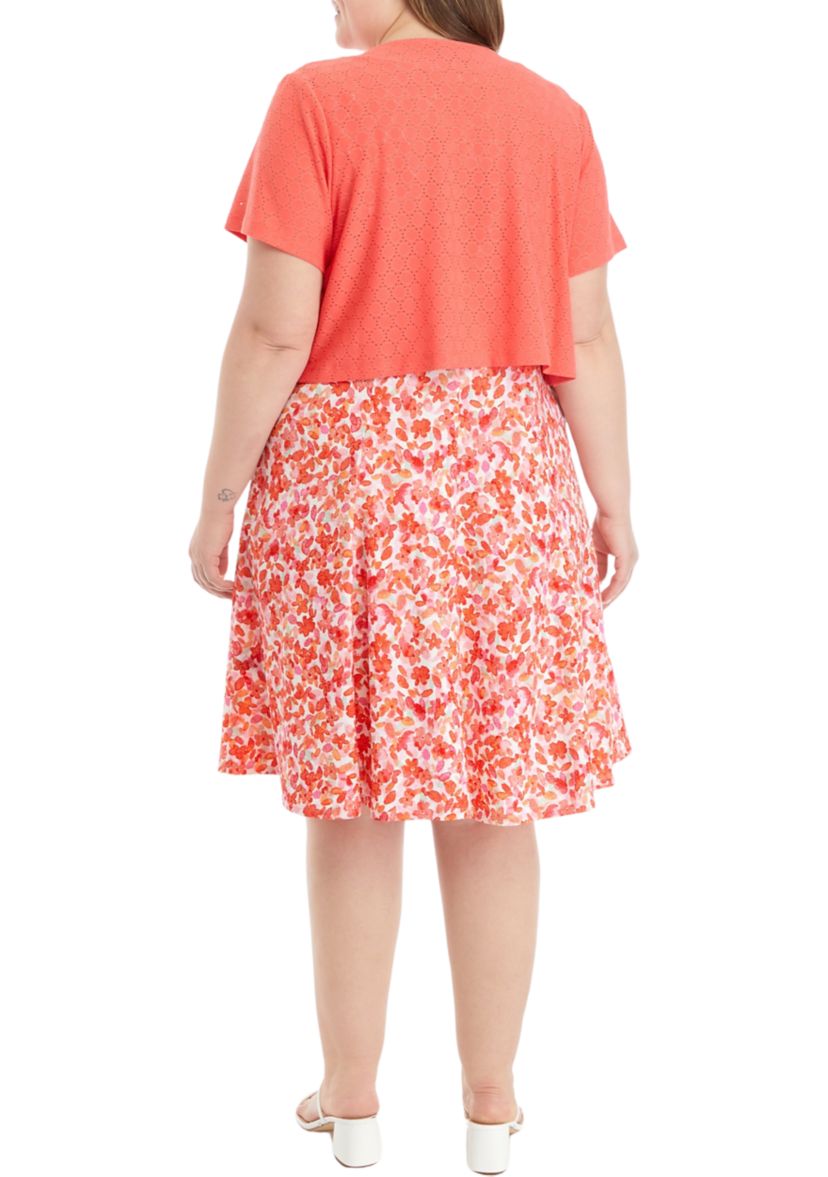 Plus Size Short Sleeve Scoop Neck Floral Print A-Line Jacket Dress