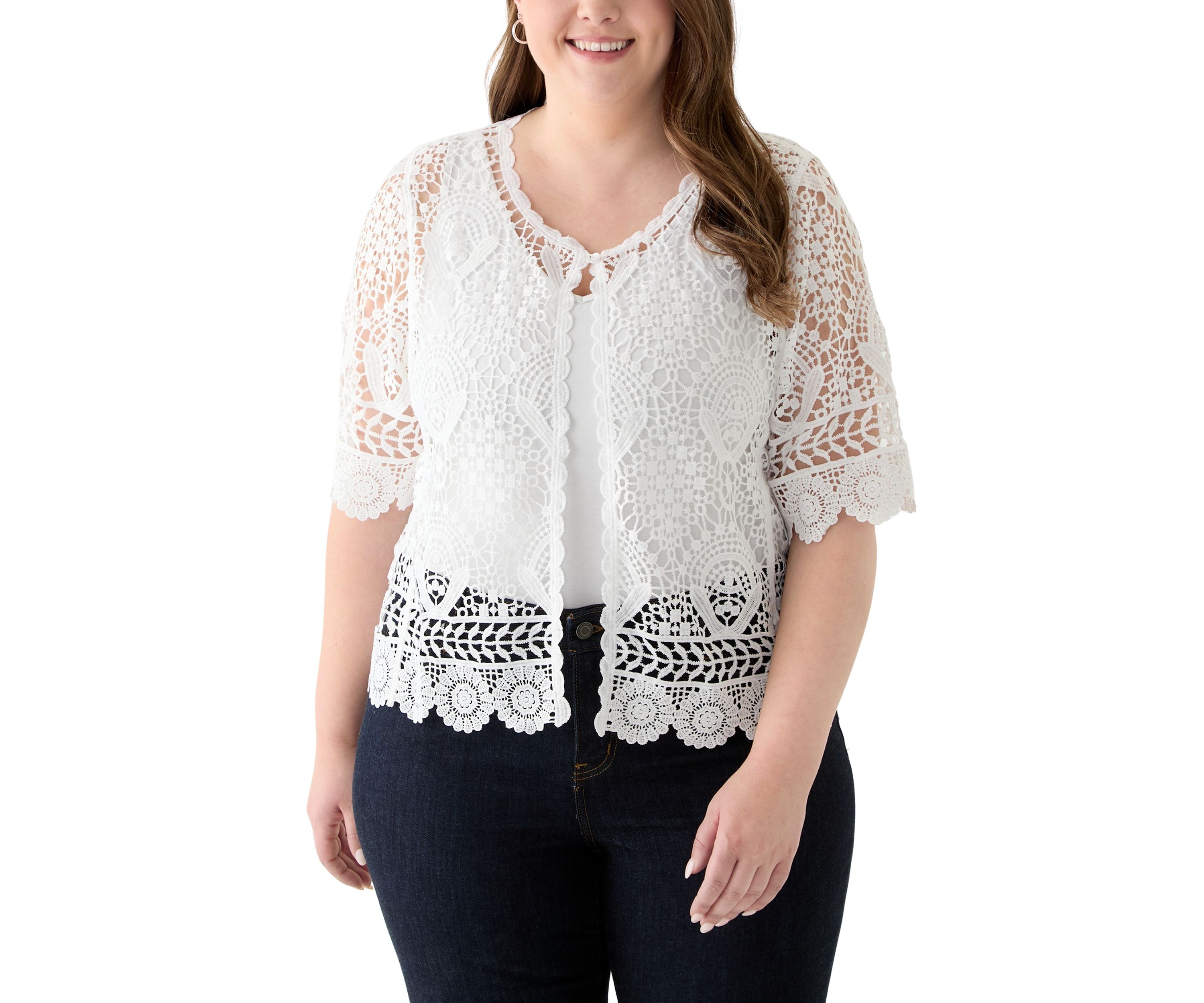 Plus Size Short Sleeve Open Work Lace Shrug