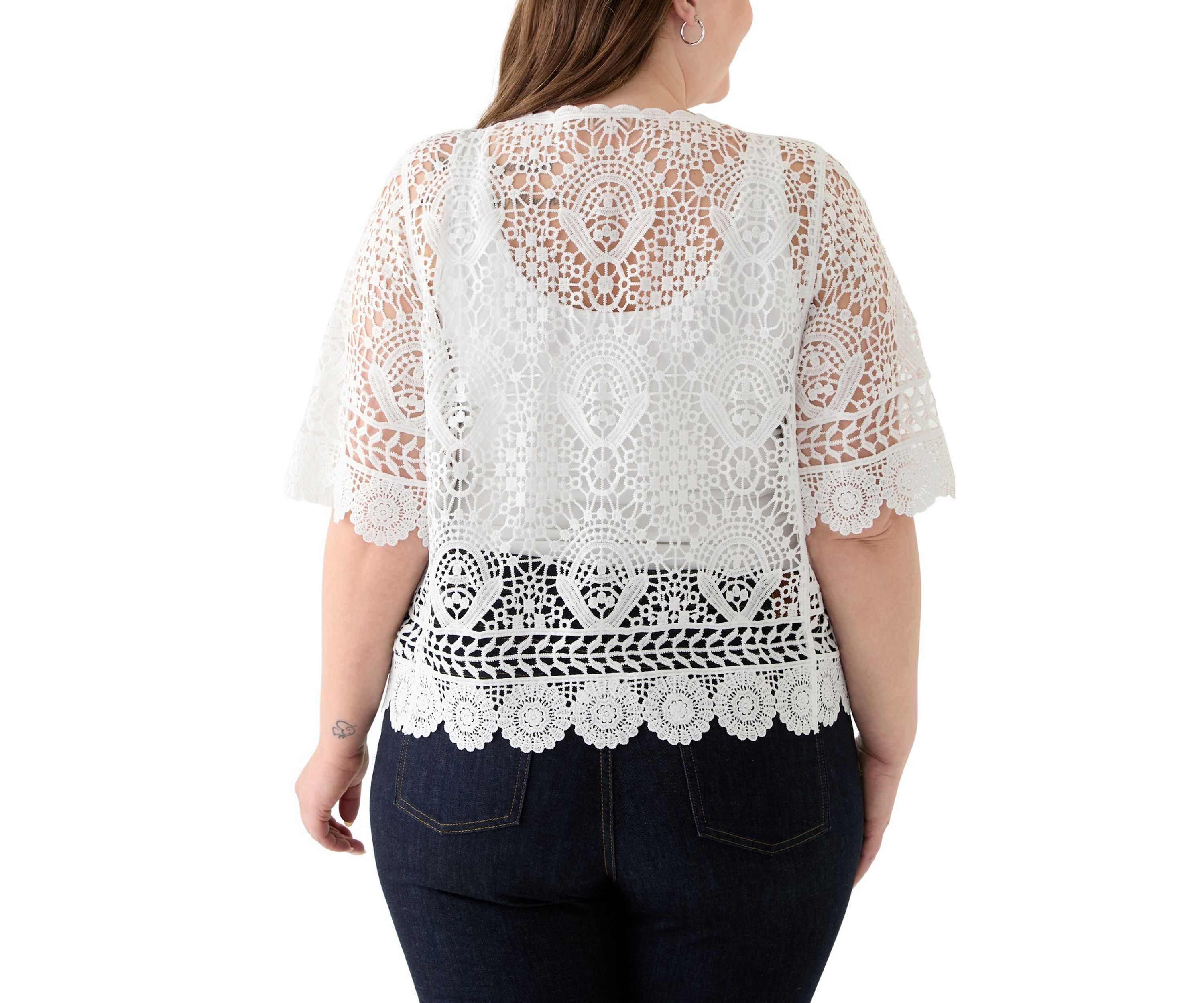 Plus Size Short Sleeve Open Work Lace Shrug