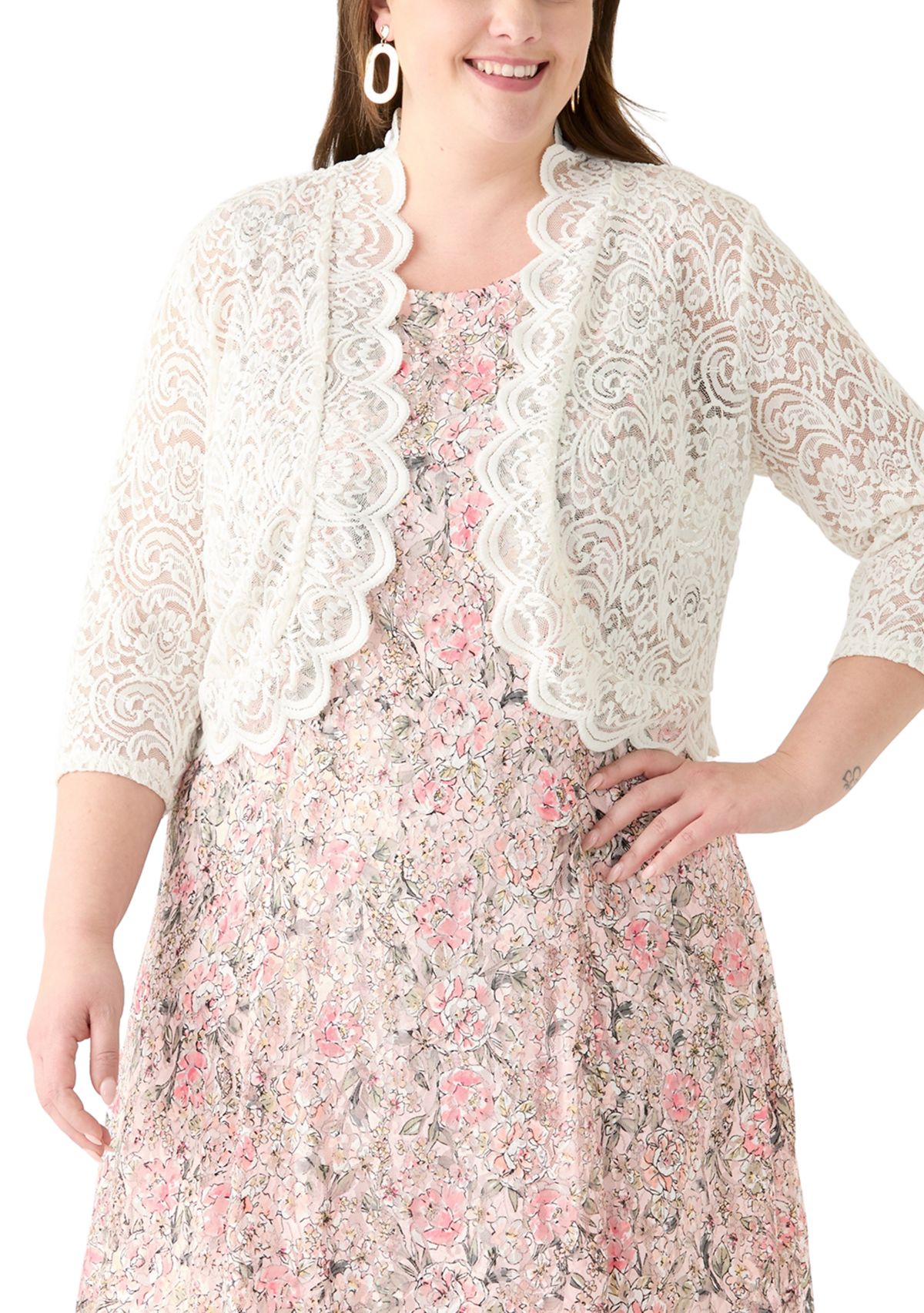 Plus Size Open Work Scalloped Hem Cardigan