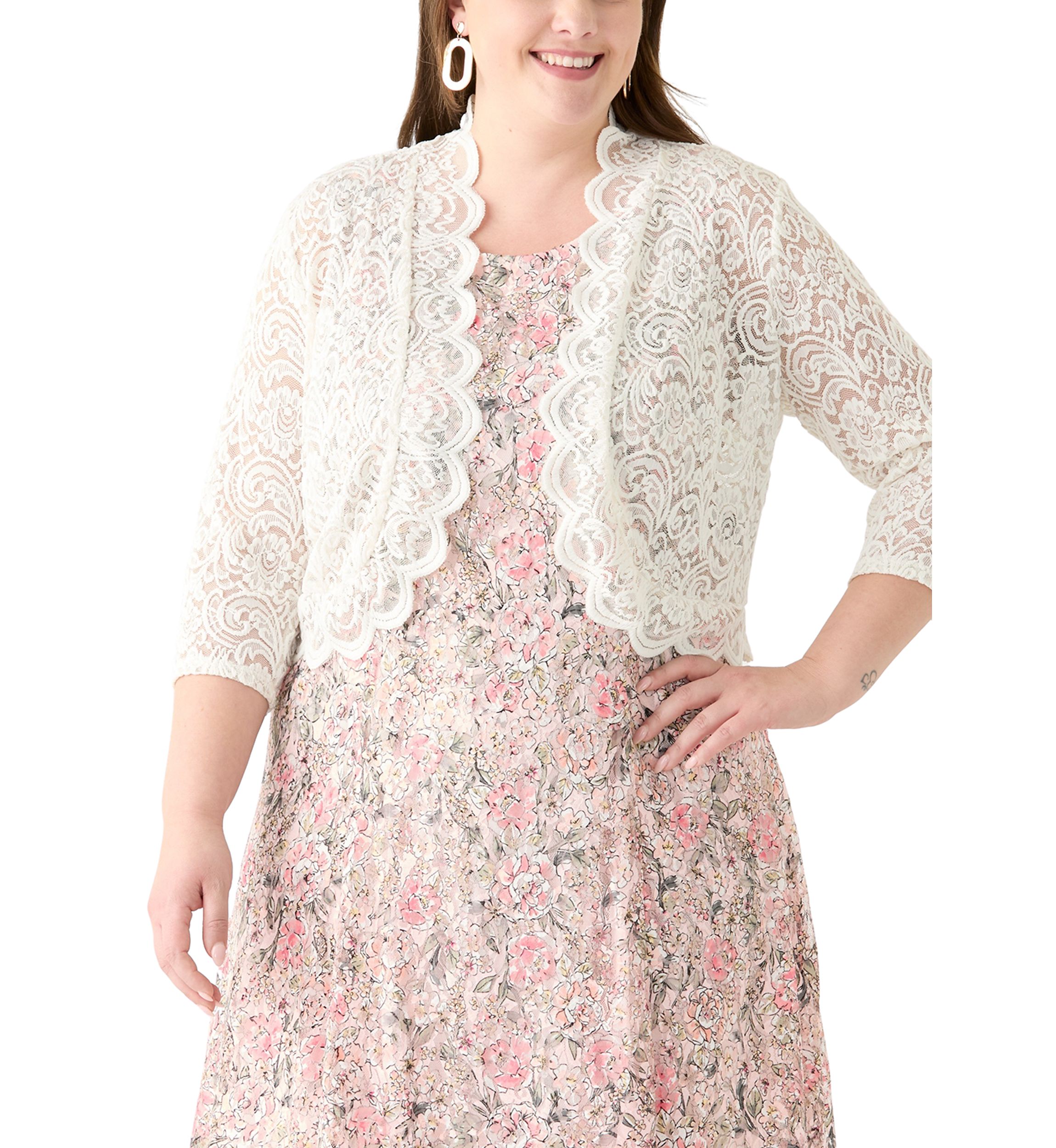 Plus Size Open Work Scalloped Hem Cardigan