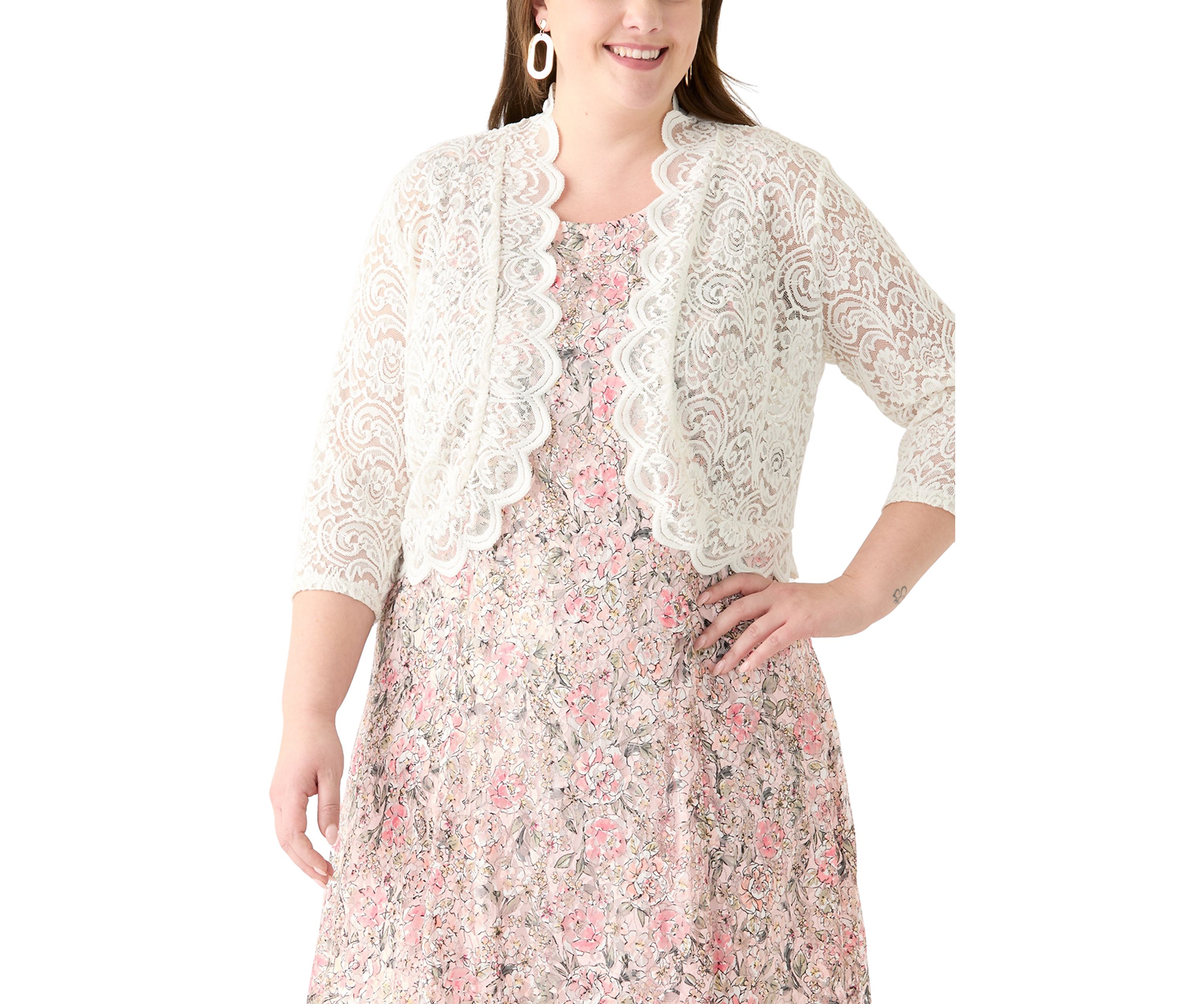 Plus Size Open Work Scalloped Hem Cardigan