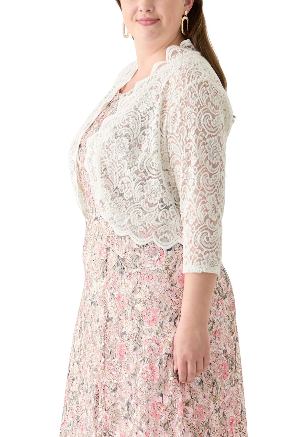 Plus Size Open Work Scalloped Hem Cardigan