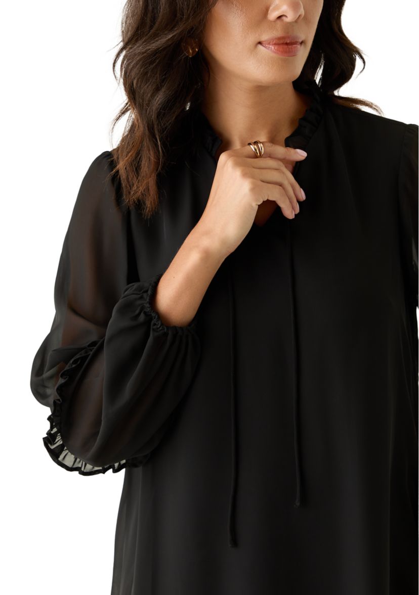 Womens Long Sleeve Tie Neck Mini Dress