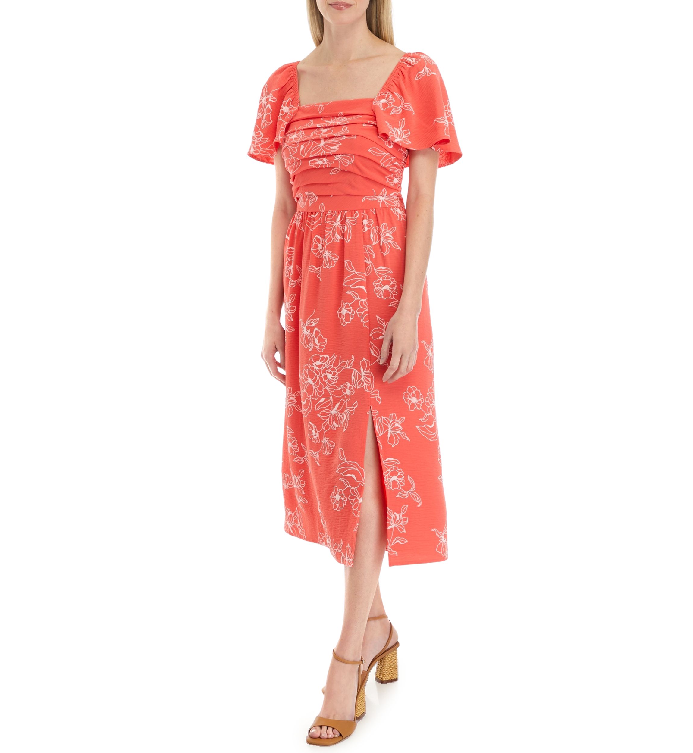 Womens Short Sleeve Square Neck Printed Gauze Dress