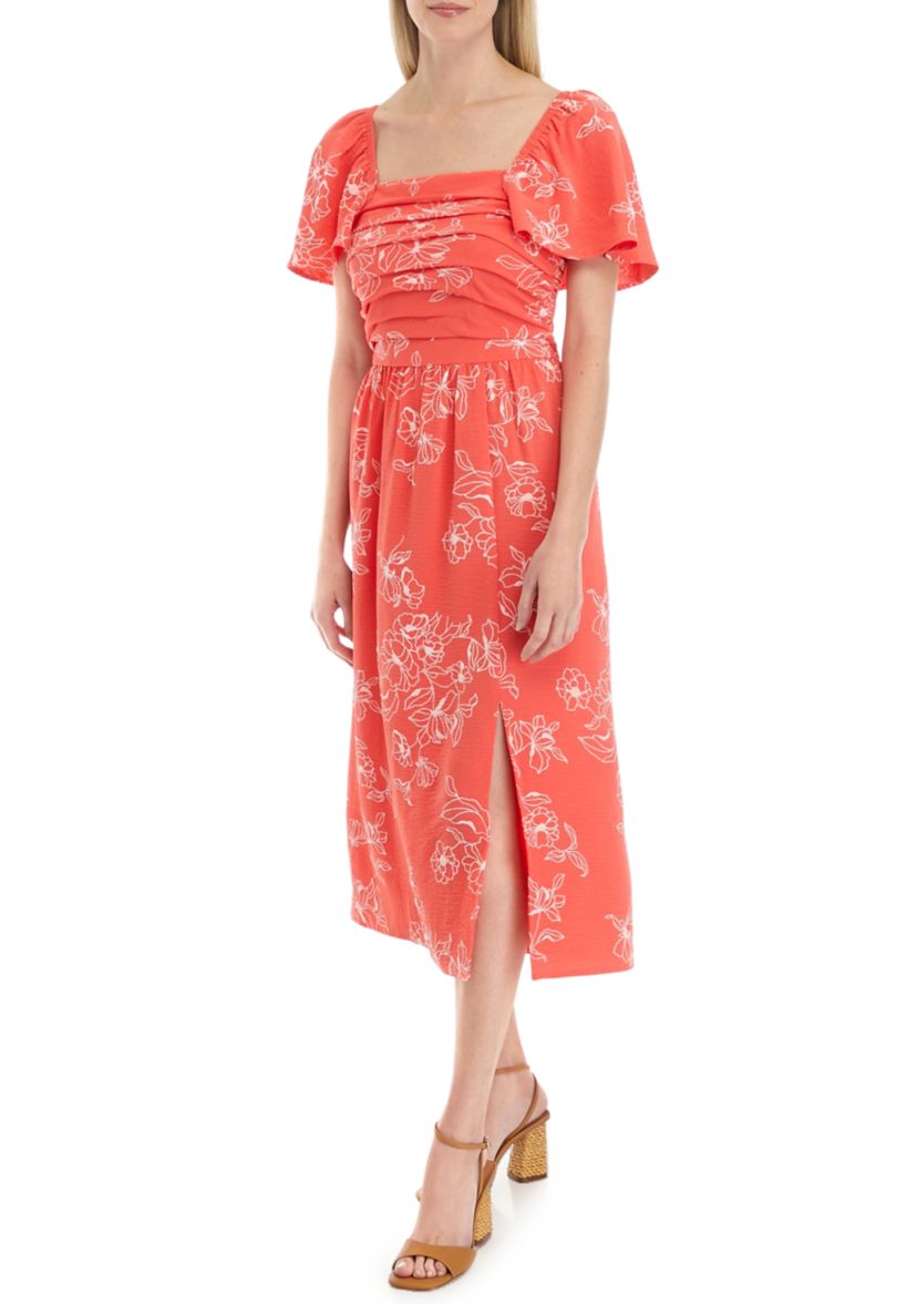 Womens Short Sleeve Square Neck Printed Gauze Dress