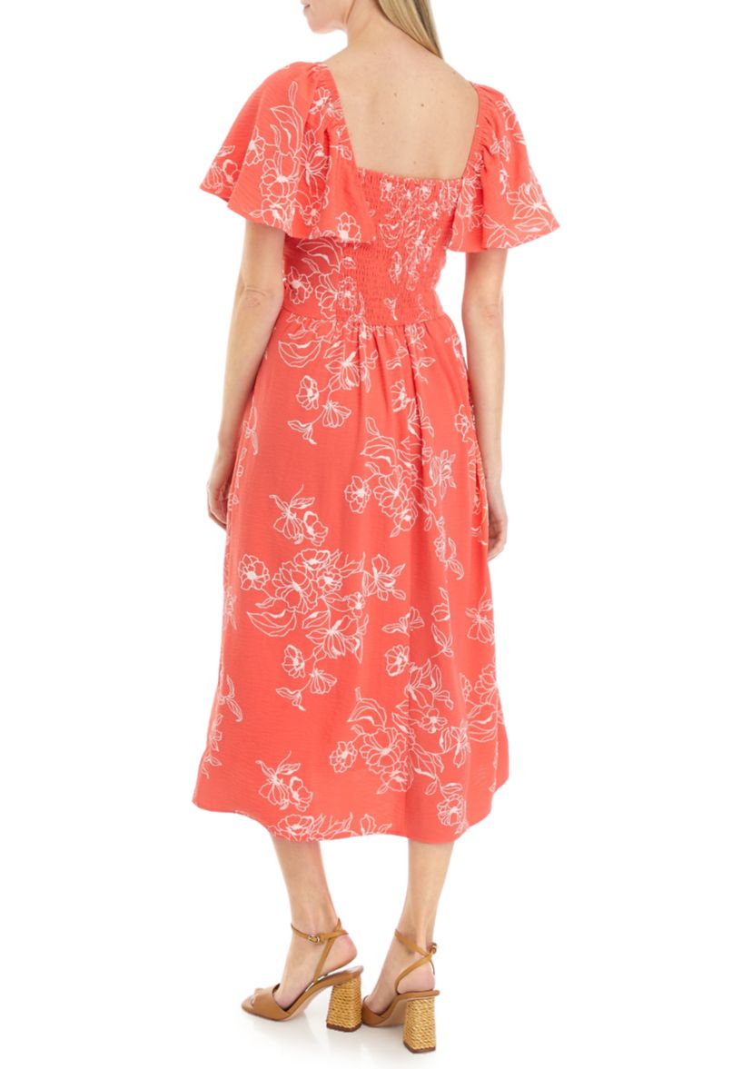 Womens Short Sleeve Square Neck Printed Gauze Dress