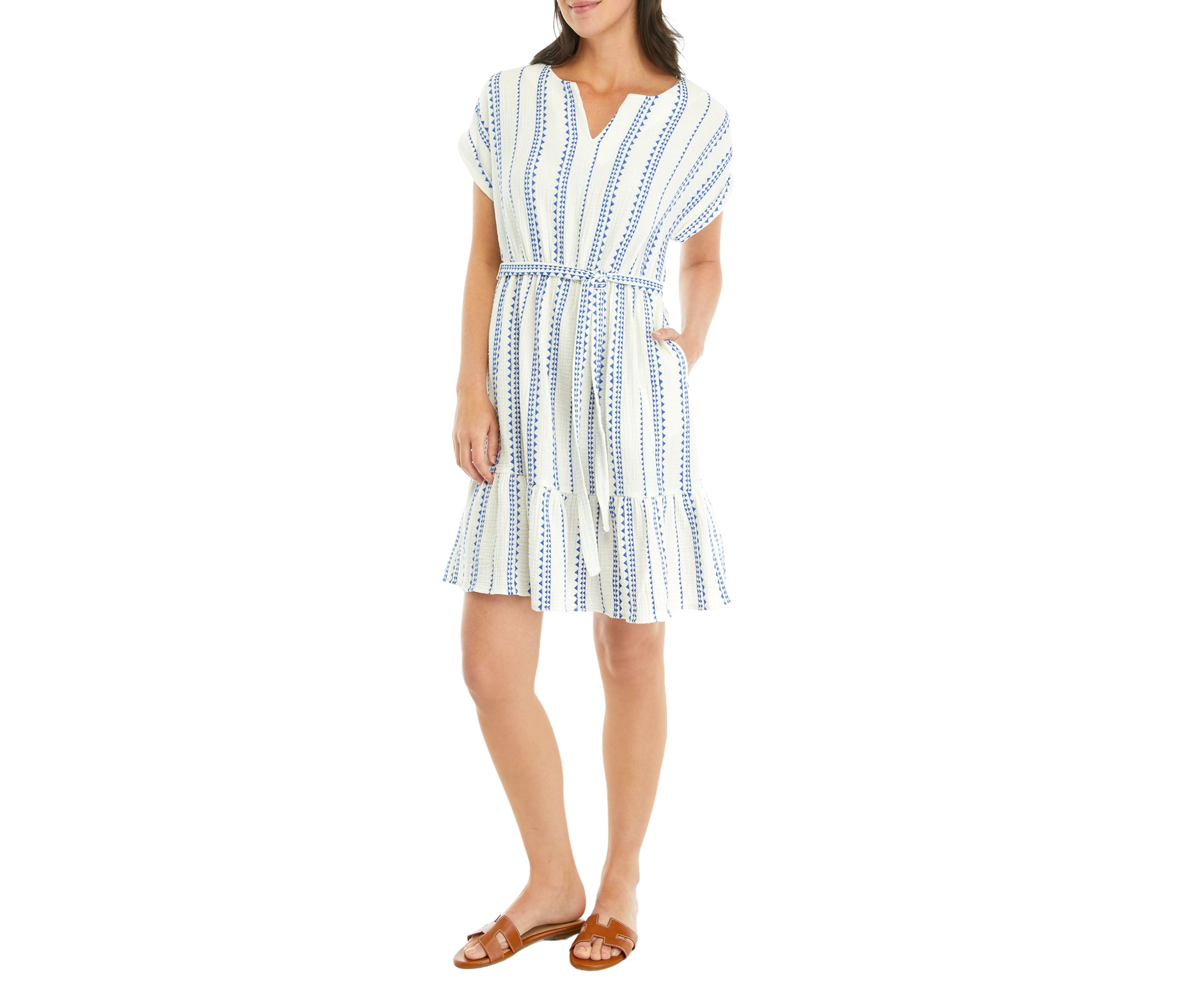 Womens Split Neck Gauze Tie Waist Dress