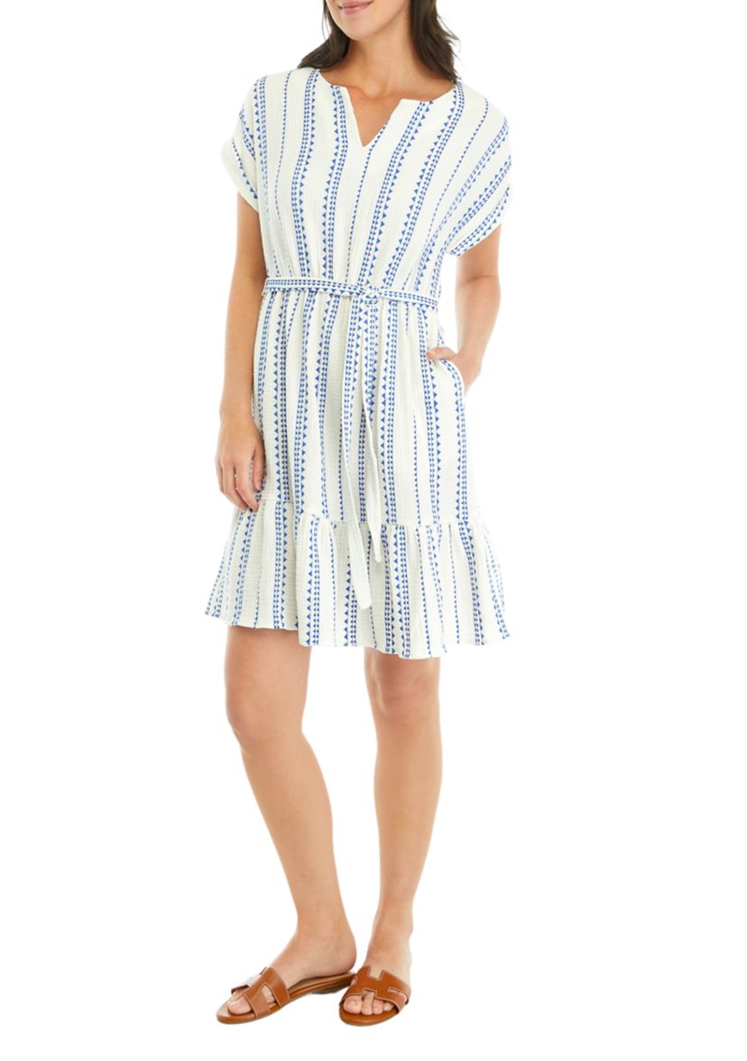 Womens Split Neck Gauze Tie Waist Dress